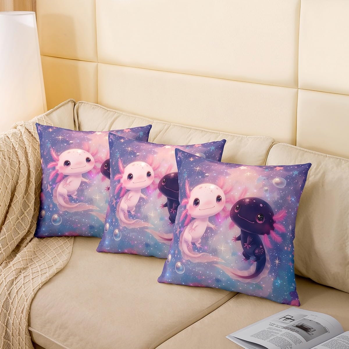 Feelyou Pink Axolotl Reversible Throw Pillow Covers 24 x 24-Inch Kids Girls Cute Salamander Square Cushion Covers Set of 2 Boys Teens Kawaii Ocean Sealife Pillow Covers Gift for Girls Women