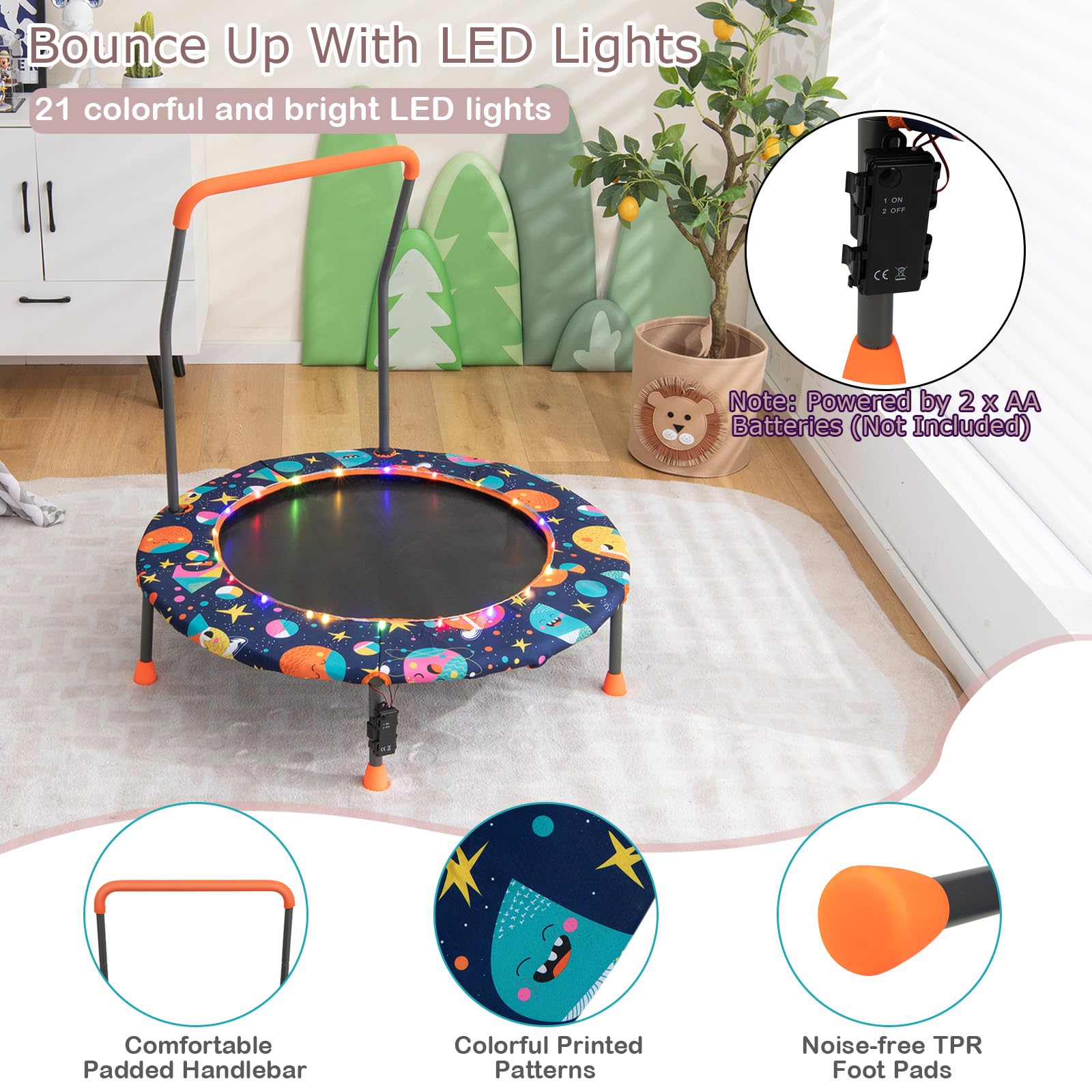 KOMFOTTEU Trampolino Elastico per Bambini dai 3 ai 6 anni, Ø 92 cm, Tappeto Elastico Bambini con Luci a LED, Mini Trampolino da Giardino con Manico e Tappetino di Sicurezza, Portata fino a 25 kg