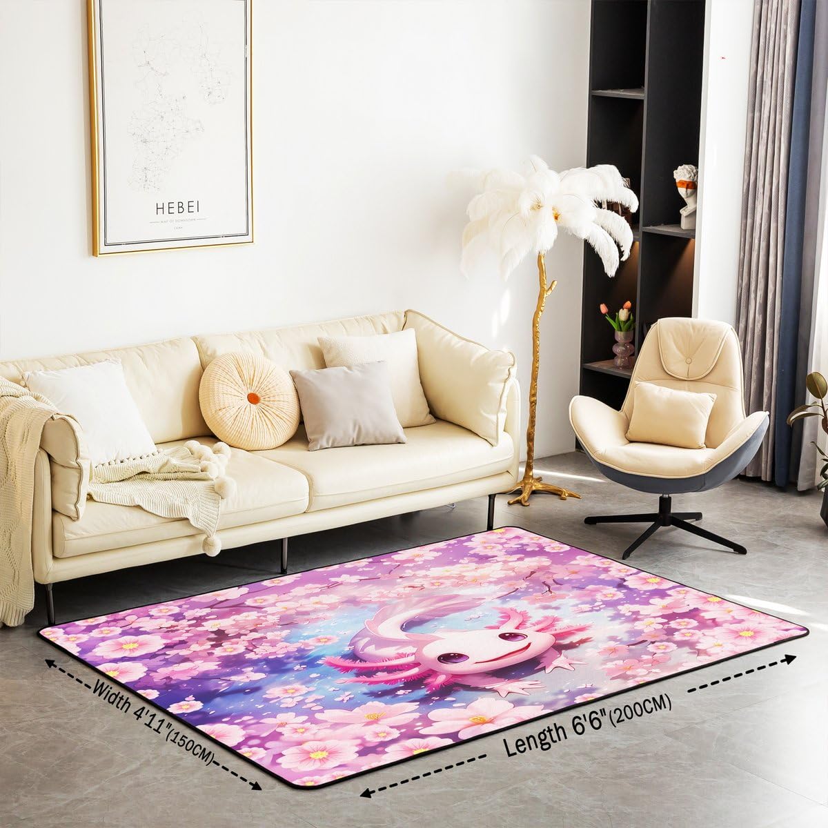 Homewish Uroczy różowy aksolotl dywanik 100 x 150 cm dzieci dziewczęta wybrzeże ocean zwierzę dywan preppy kawaii marzycielski aksolotl wewnętrzna mata podłogowa różowy kwiat wiśni dekoracyjny