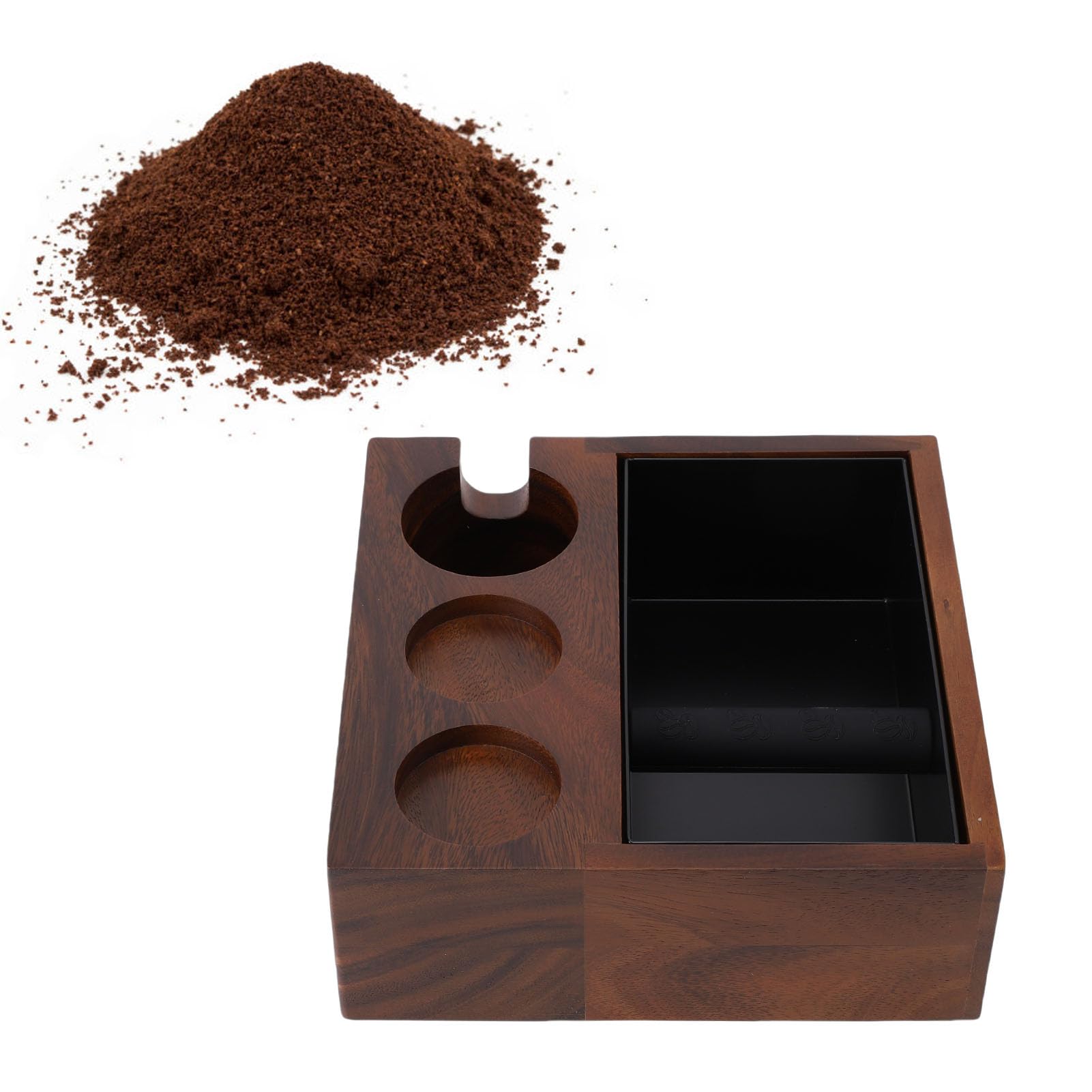 4 w 1 Drewniane Pukanie do Espresso, Pukanie do Dystrybutora Kawy 58 Mm ze Zdejmowanym PudełKiem na Fusy ze Stali Nierdzewnej i PodnóżKiem, Ubijak do Espresso, Stojak na Filtry