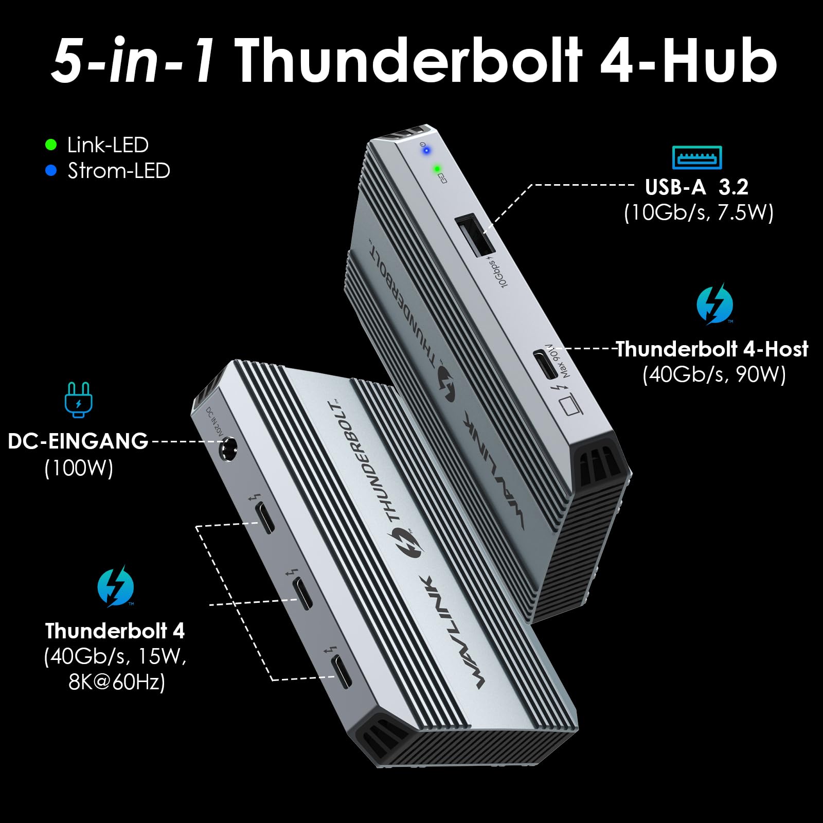 Station d'accueil Thunderbolt 4, WAVLINK USB C Hub avec Double Affichage 4K@60Hz, 100w Power Delivery, USB-A 3.2 Gen 2, pour MacBook Pro/Air M1 M2 M3, Ordinateur Portable Thunderbolt 4/3