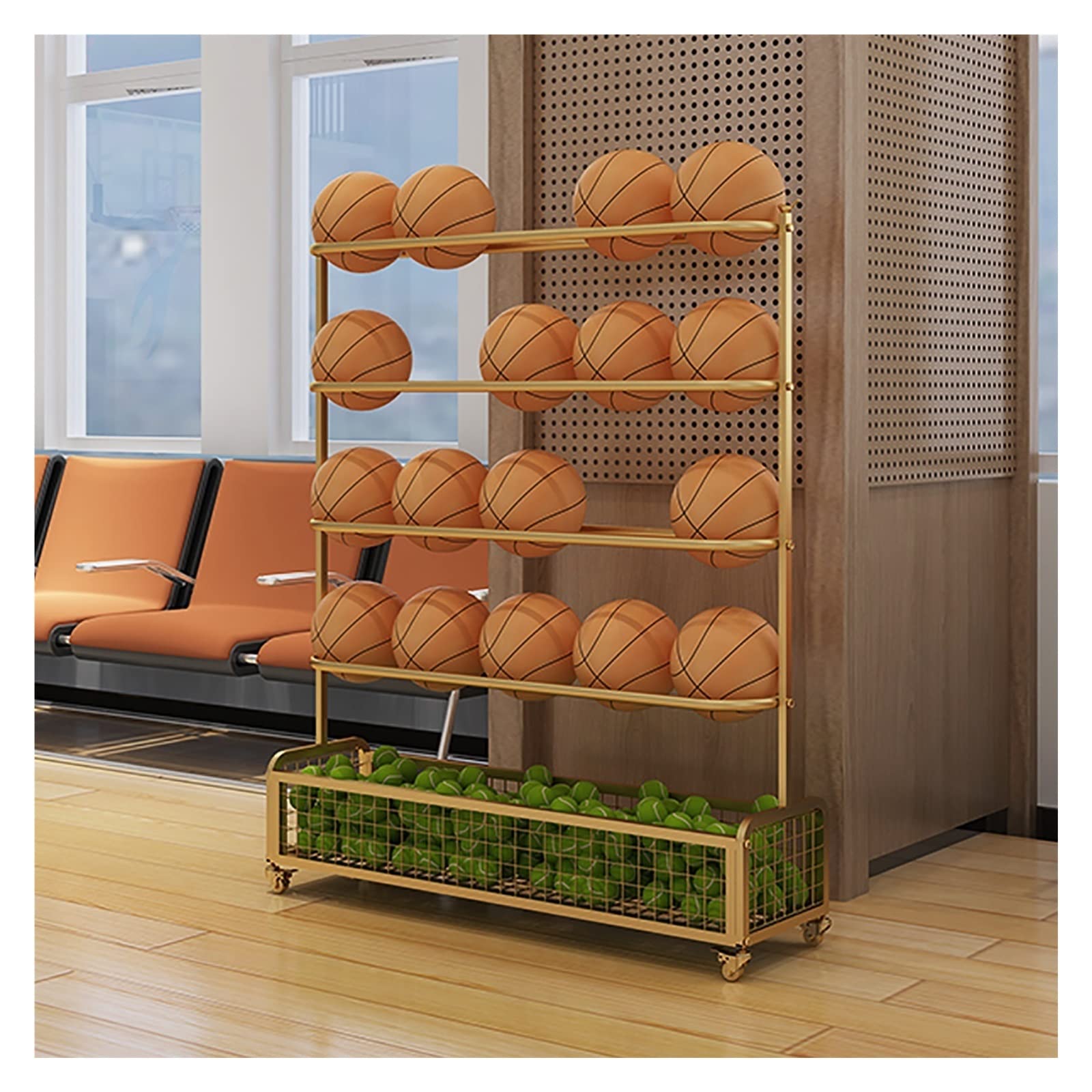 FAXIOAWA Carrello portaoggetti per palloni sportivi a 5 livelli su ruote, supporto per Rack per attrezzature per palloni da Calcio da Basket commerciale da pavimento, Grande capacità (Color : Gold)