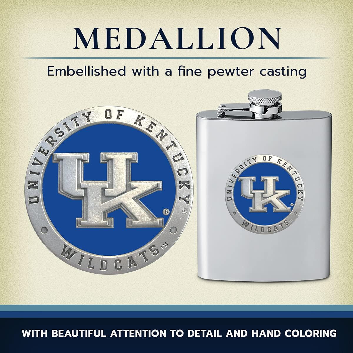 Heritage Pewter Kentucky Flask | 8 Ounce Liquor Flask Container - Stainless Steel | Intricately Crafted Metal Pewter Alma Mater Inlay