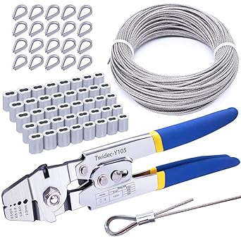 Twidec/Wire Rope Crimping Tool Kit Up to 2.2mm with 165FT 1/16'' 304 Stainless Steel Wire Rope and 150PCS 1/16''Aluminum Crimping Loop Sleeve 20PCS Wire Rope Thimbles N-042-4K