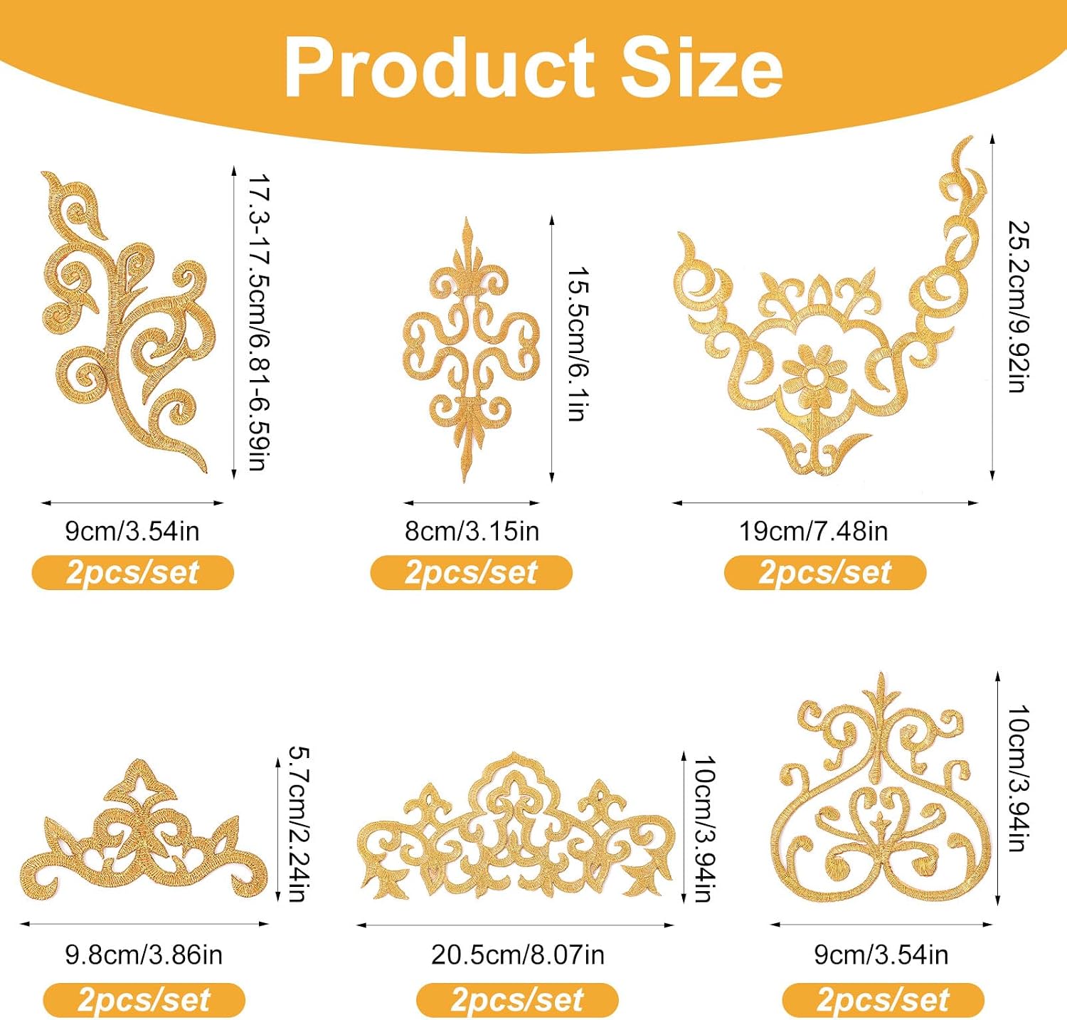 12 PCS Gold Floral Embroidered Iron on Patches, Gold Flower Embroidery Lace Applique, Polyester Lace Appliques for Bridal Dress Party Gown Clothing Repair and DIY