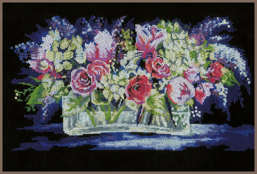 Broderie Point de Croix Roses et Lilas Lanarte pour Décoration Salon Chic