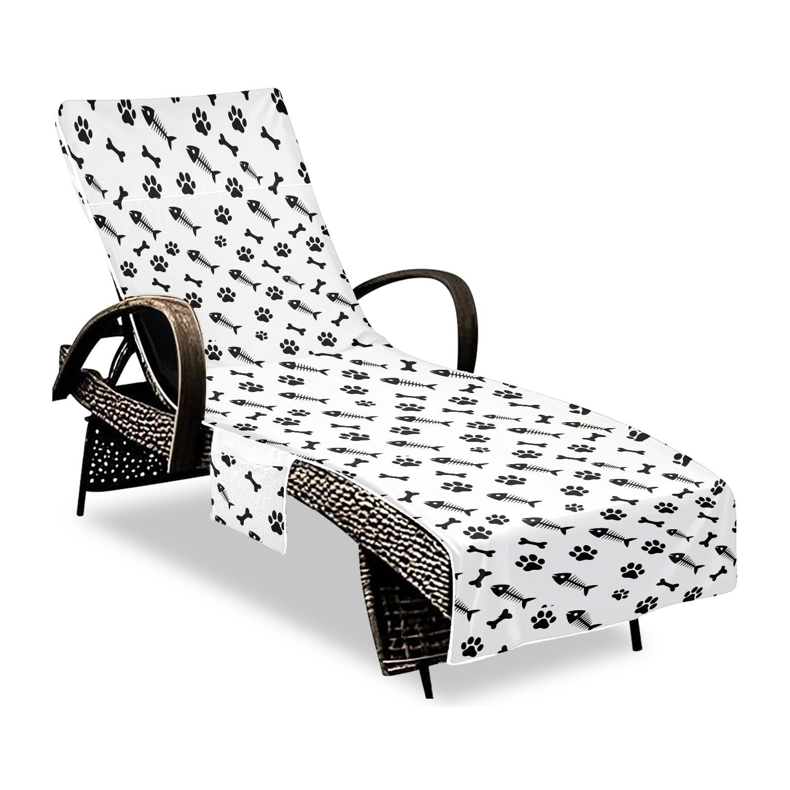 BOESI Doodle Fish Bone and Claw Beach Chair Towel, Outdoor Pool Chair Cover, with Pockets, Suitable for Outdoor Beach Garden Sunbathing, 85'' x 30''