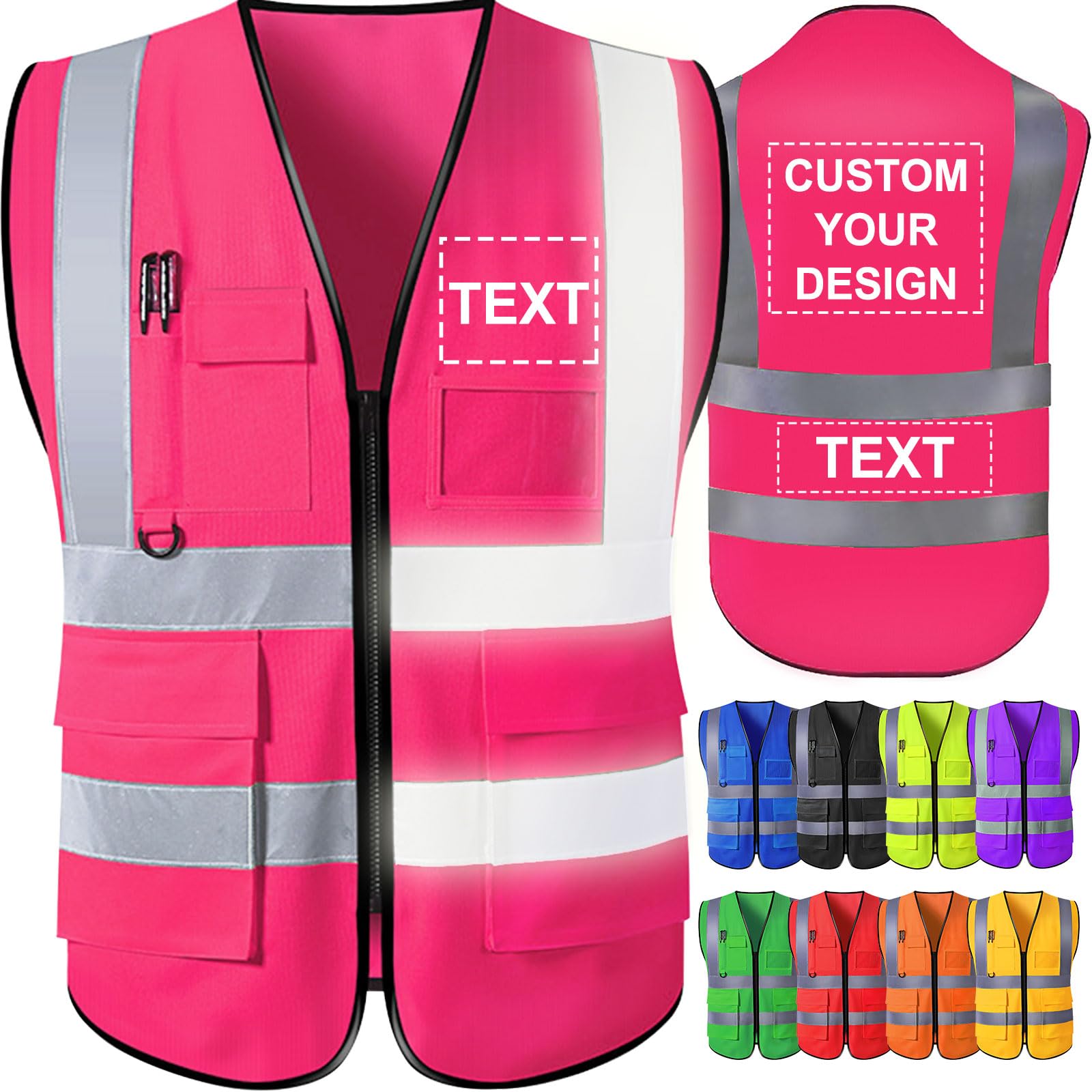 Custom Safety Vest for Men with Logo Pockets High Visibility Reflective Vests Construction Security Workwear