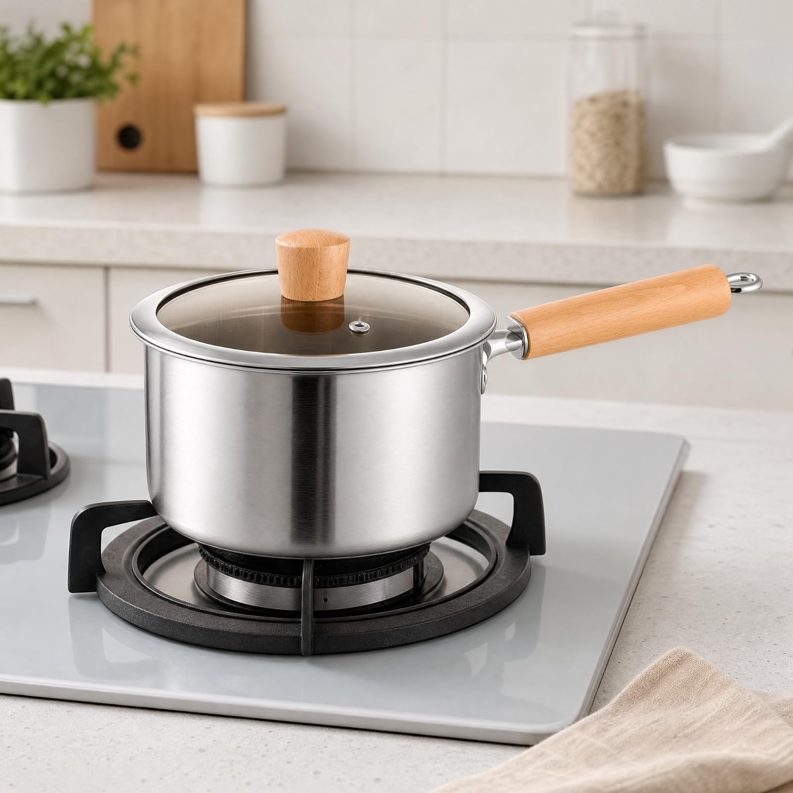 Edelstahl-Saucie mit Holzgriff-Optik induktionsgeeignet Edelstahl-Stielkassolle kompakt Suppentopf für hobbyköche, milch wärmen