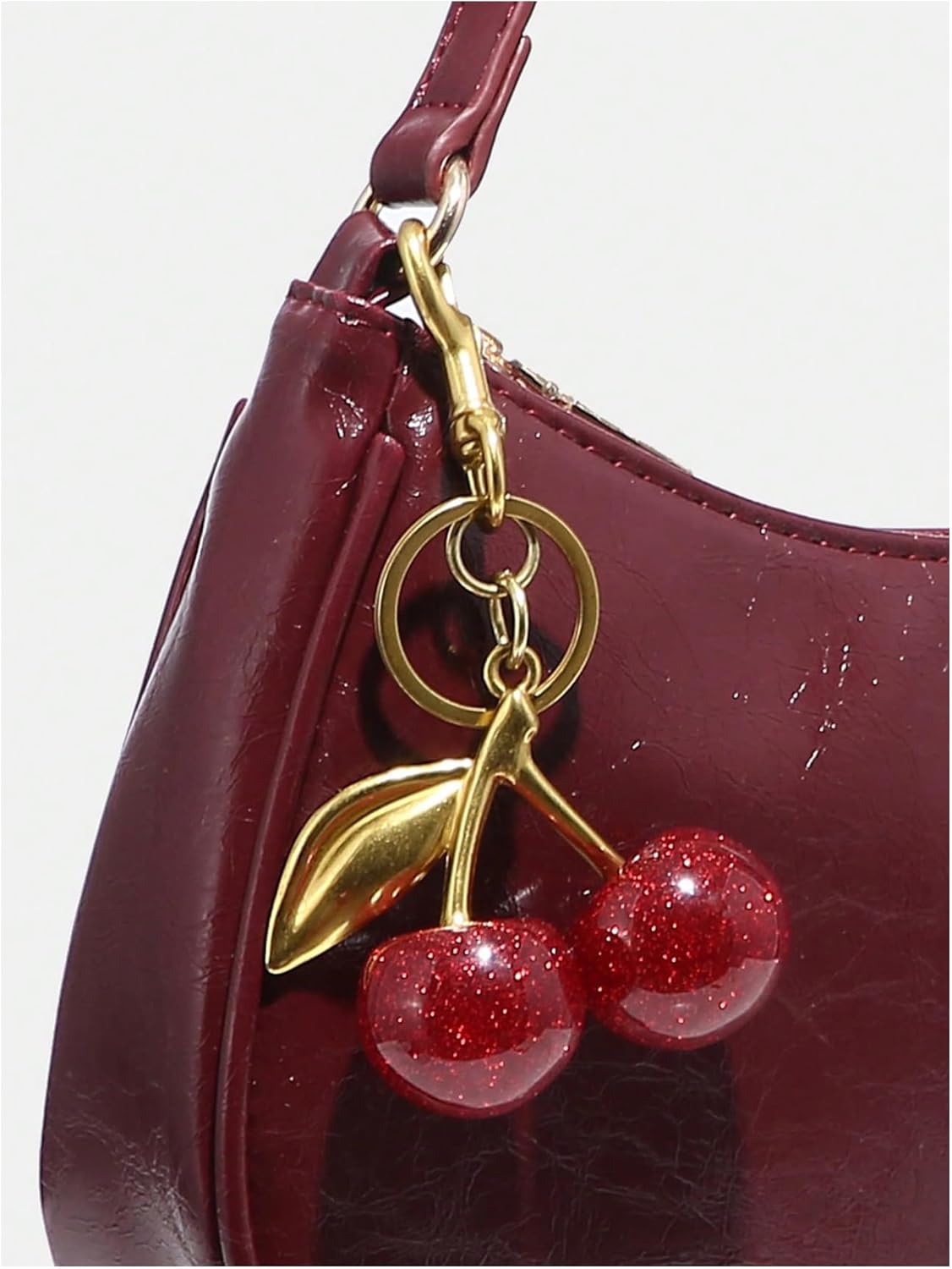 OYOANGLE Women's Top Handle Leather Underarm Bag Cute Evening Crescent Handbag with Cherry Pendant - Image 3