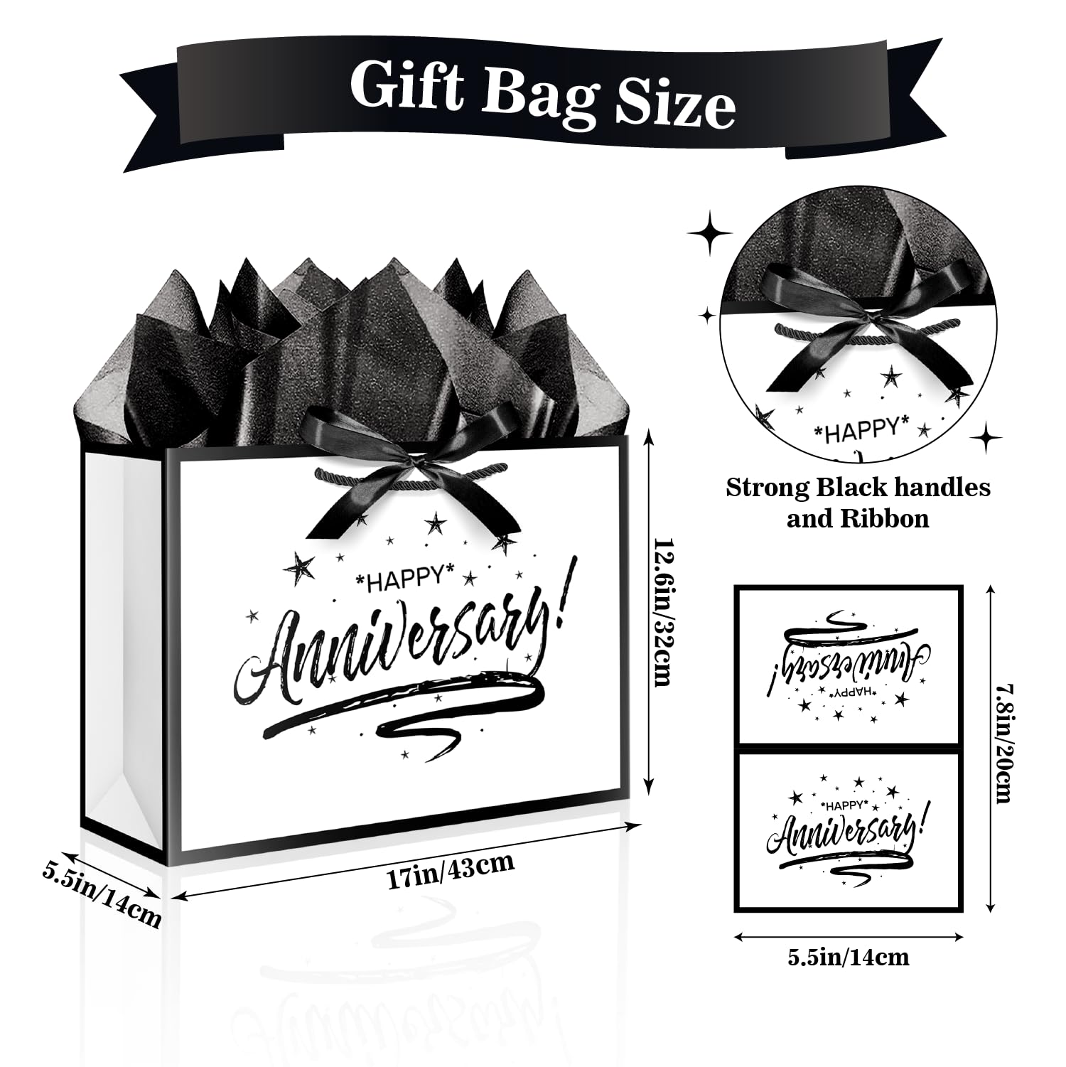 XiaosRen Extra Large Happy Anniversary Bag with Tissue Papers and Card, White Black Gift Bag with Ribbon for Men Women Anniversary Party Supplies (17" Star)