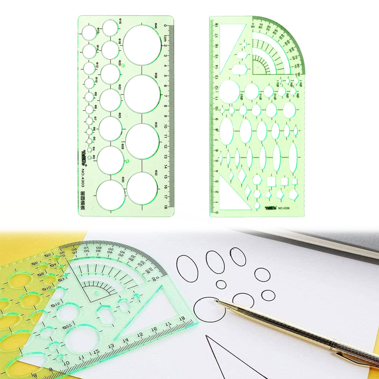 Lot De 2 Gabarits De Dessin – Pochoirs Cercles, Carrés, Hexagones, Ovales