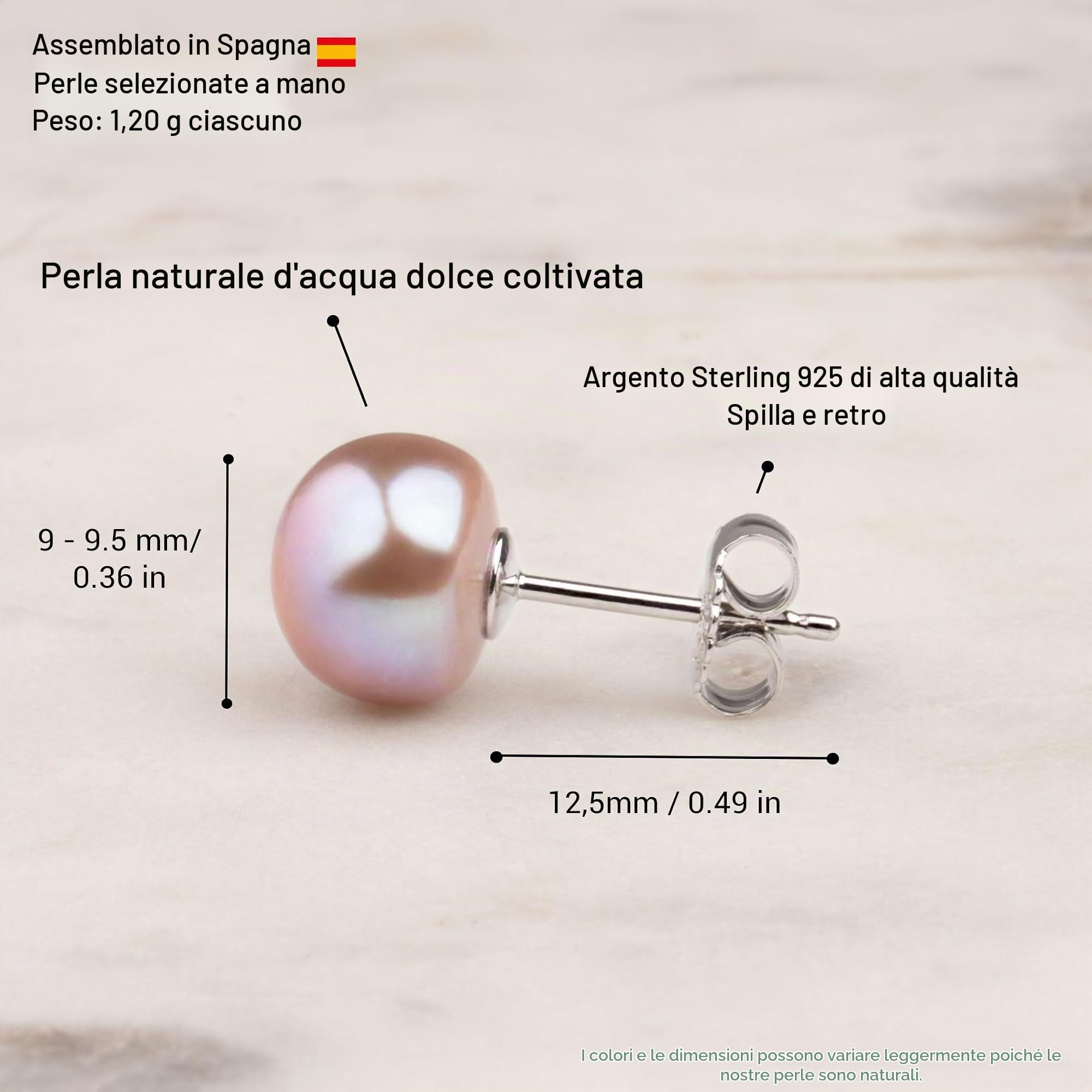 Orecchini da donna di perle bottone coltivate d'acqua dolce in colore rosa lavanda SECRET & YOU - Argento sterling 925 - Disponibile in 4 misure da 8 mm a 11 mm