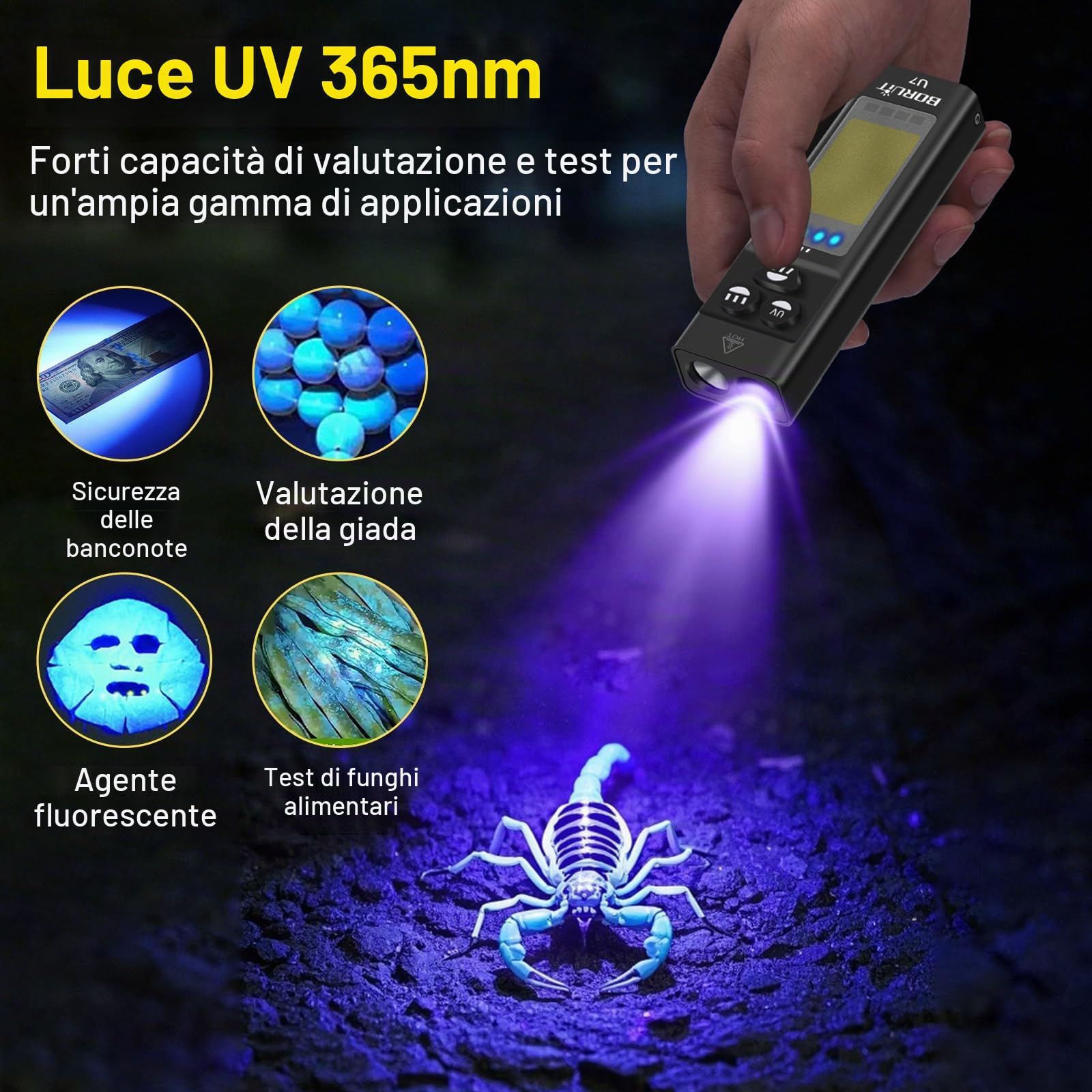 Boruit U7 Torcia LED Potente Professionale, 1100 Lumen Ricaricabile 365nm UV Torce, Mini RGB Flashlight (con Clip, Calamita) - COB IP65 Impermeabile per Campeggio Emergenza