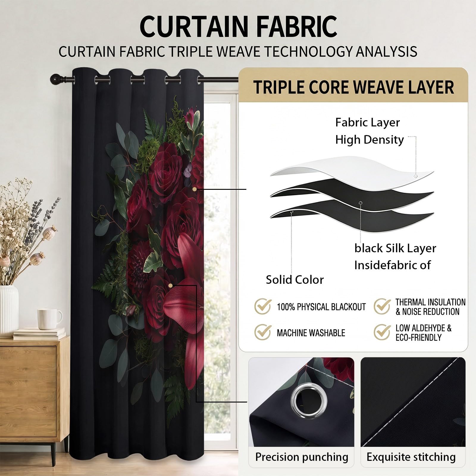 Rideaux Occultant Floral Art, Rideaux Occultant Rose Bordeaux & Dahlia Rideau Thermiques Isolant Anti Froid et Chaleur Rideau à Oeillets pour Salle À Manger, 2 PCS, 91.5L X 214H cm