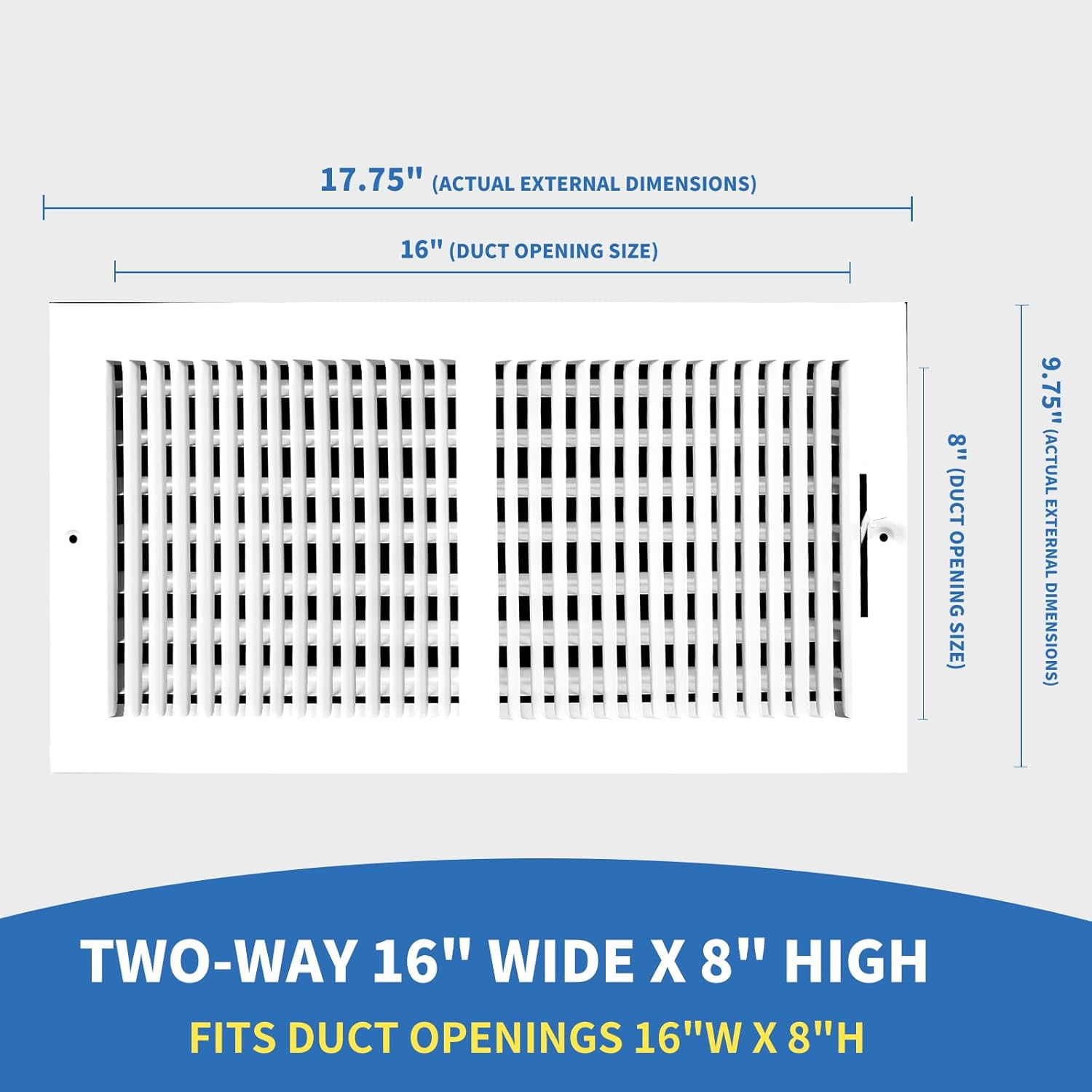 16x8 Vent Register [Duct Opening], Vent Covers for Home Ceiling, Two-Way Ventilation Register, Adjustable Solid Steel Wall Register Vent Cover(16"W x 8"H [Duct Opening])