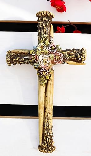 Miniatura 5 de Ebros Gift 10 pulgadas de alto, rústico, ciervo, ciervo, cuernos de hueso de ciervo con centro de rebabas y flores florales, decoración de cruz