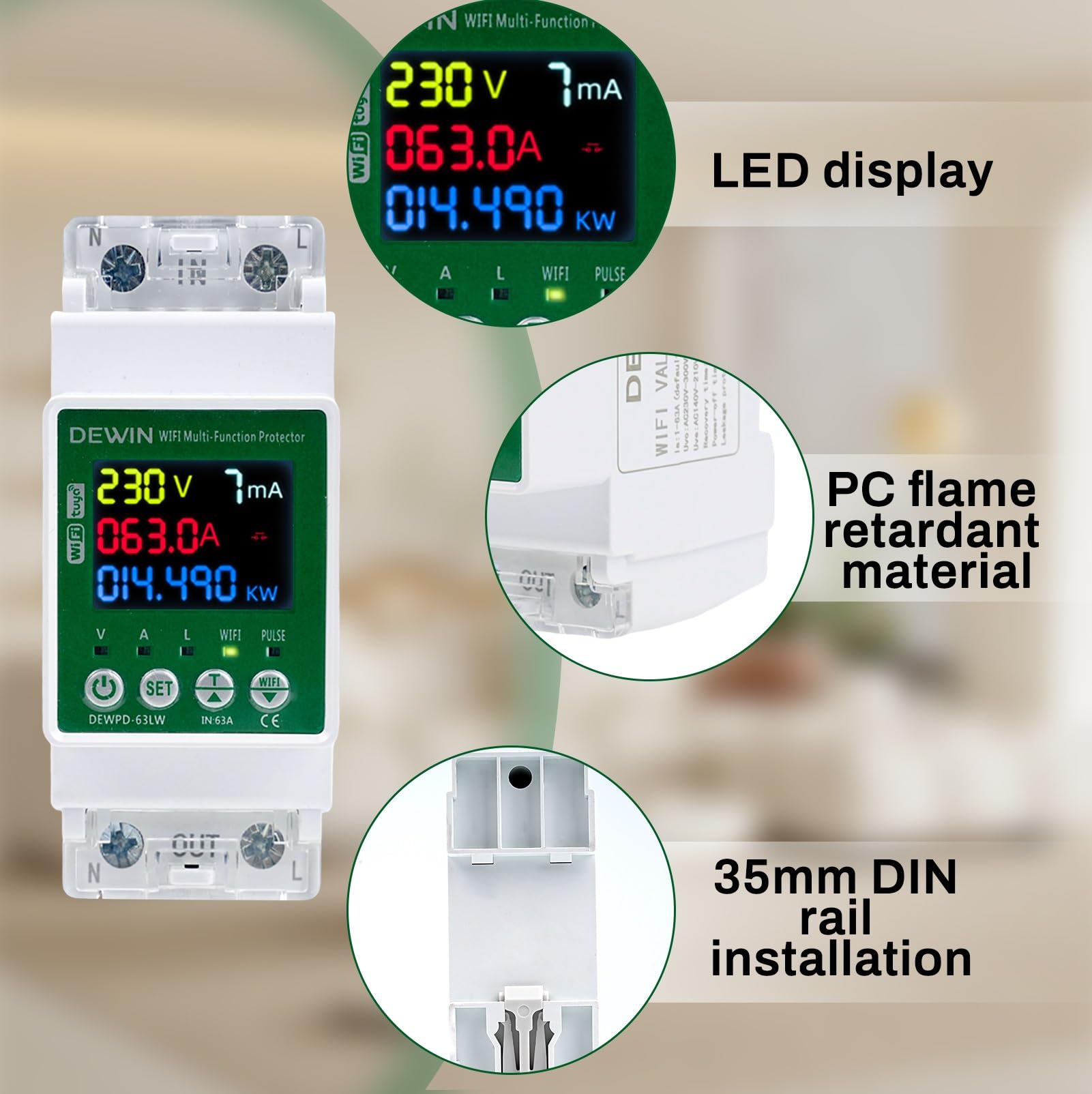 DEWIN Compteur d'électricité DIN Rail WiFi, Intelligent Tuya WiFi AC Compteur avec protection contre les fuites Protection contre les surtensions et les sous-tensions 63A AC 230V