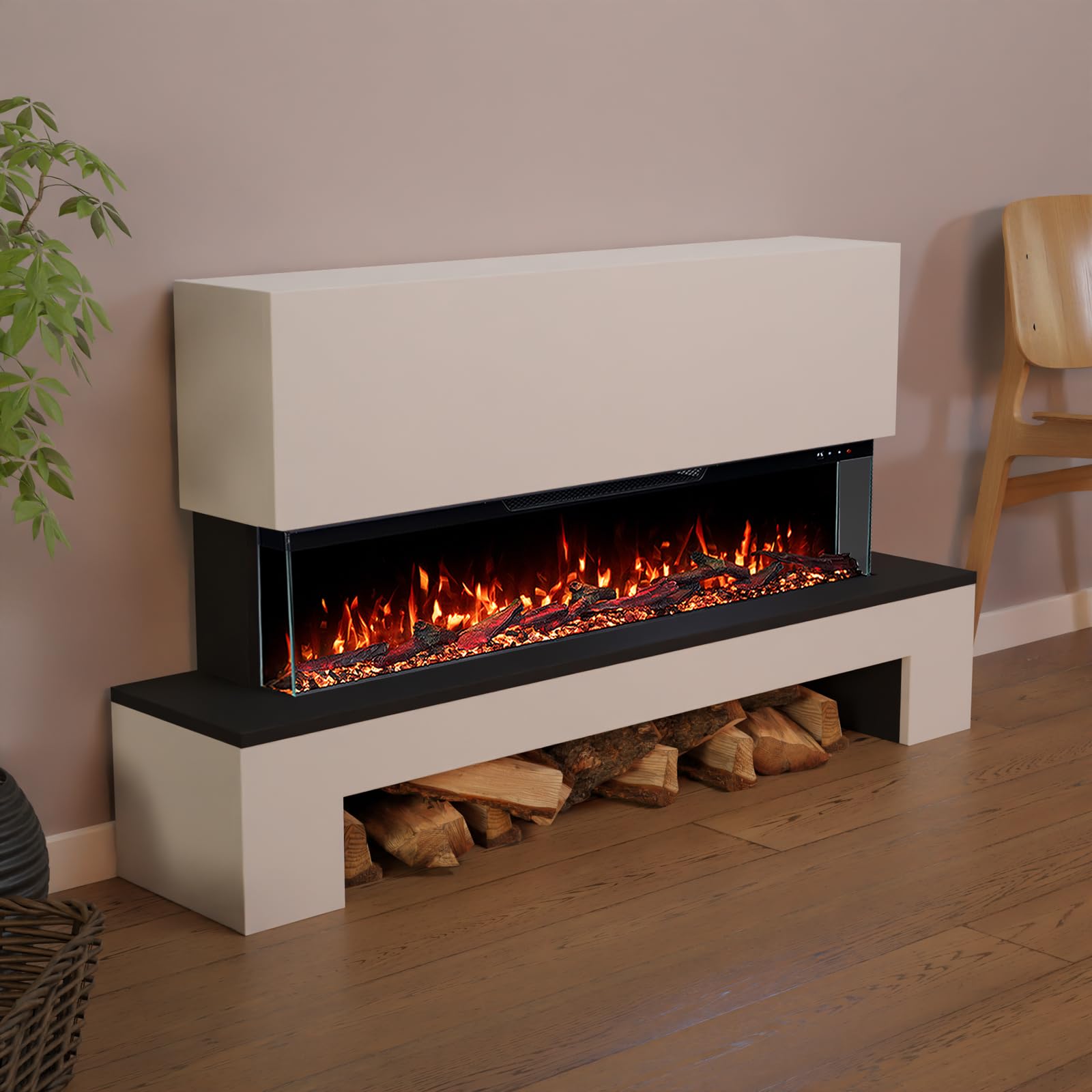 GF Core Elektrokamin Cobalt Holzfach mit realistischem 3D LED-Feuer - Stand-Elektrokamin mit Heizung und Kaminfeuer, App Steuerung, Knistereffekt & Timer, max. 1800 W, 137x75x29 cm, Weiss