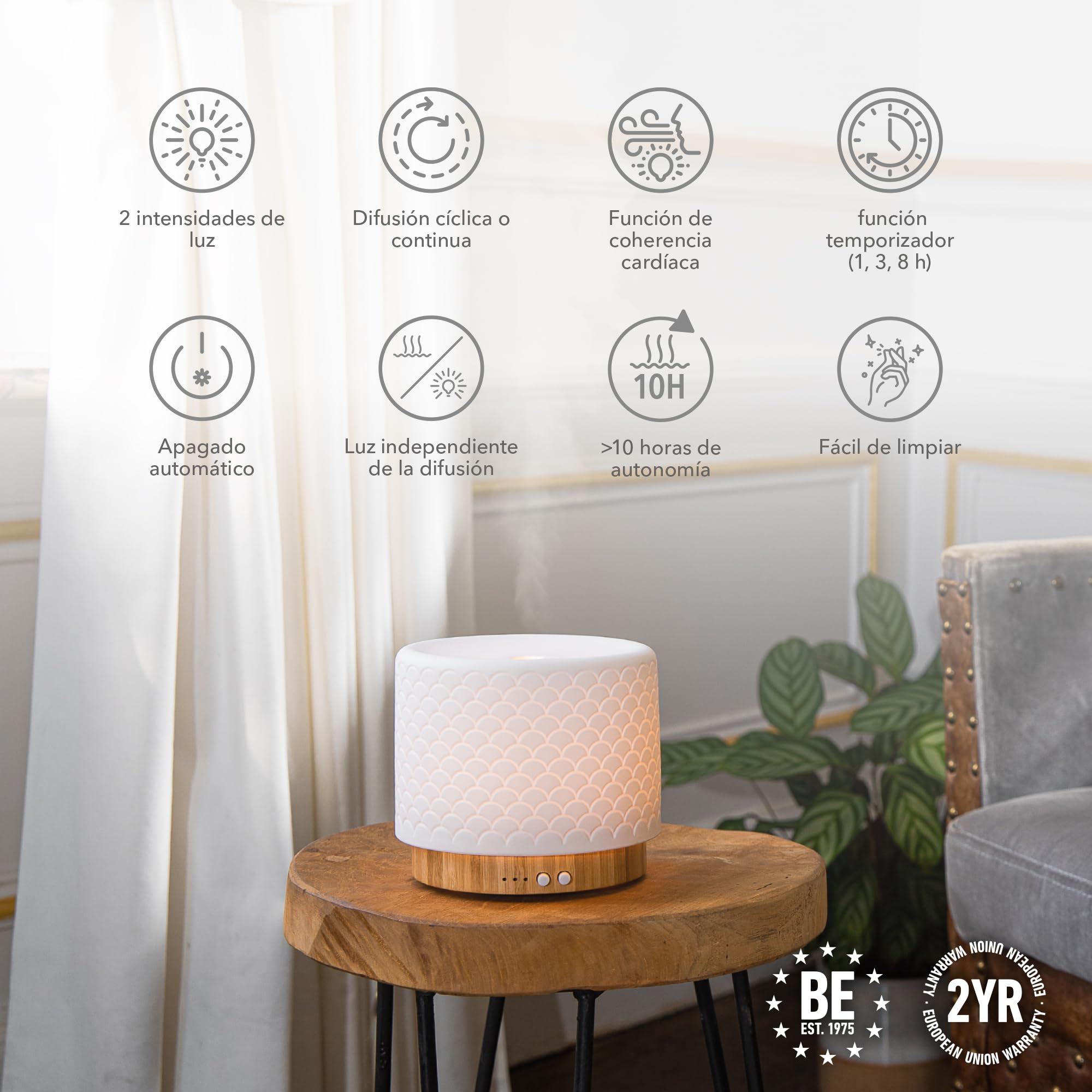 Moya - Difusor Aceites Esenciales Ultrasónico 280 Ml - 14h Autonomía - Luz LED – Temporizador - Silencioso con Apagado Automático - Aromaterapia - Modo Respiración Antiestrés - Bambú Y Cerámica