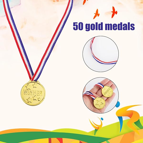 Lot de 50 médailles de récompense en plastique pour enfants, 3,7 cm, médailles dorées avec rubans de cou, récompenses de réussite pour enfants, compétitions, événements sportifs, jeux, orthographe - 3
