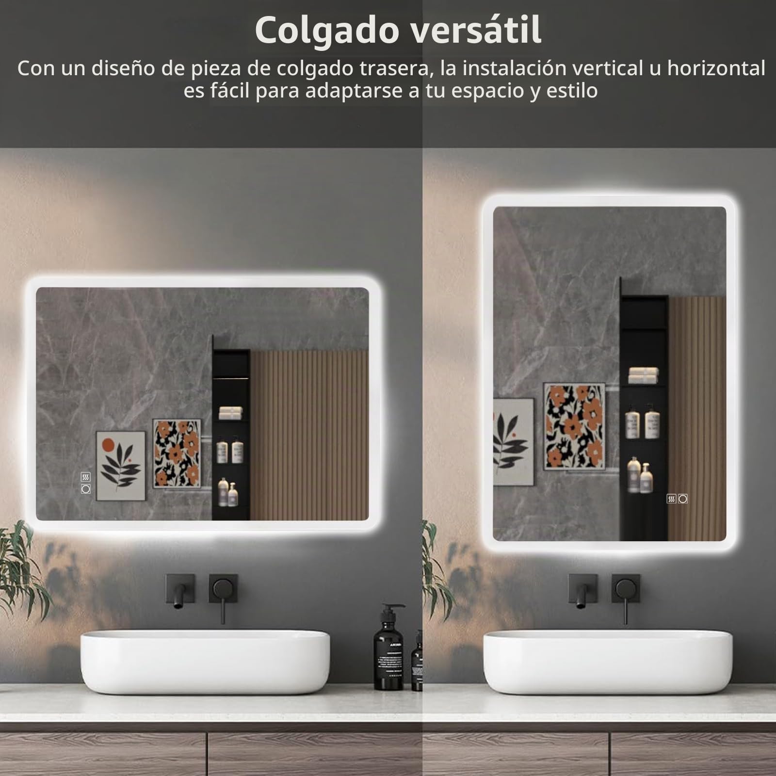 Espejo de baño antiniebla montado en la Pared de 70 x 50 cm, iluminación LED con 3 Luces Regulables de Color e Interruptor táctil, Montaje Horizontal/Vertical