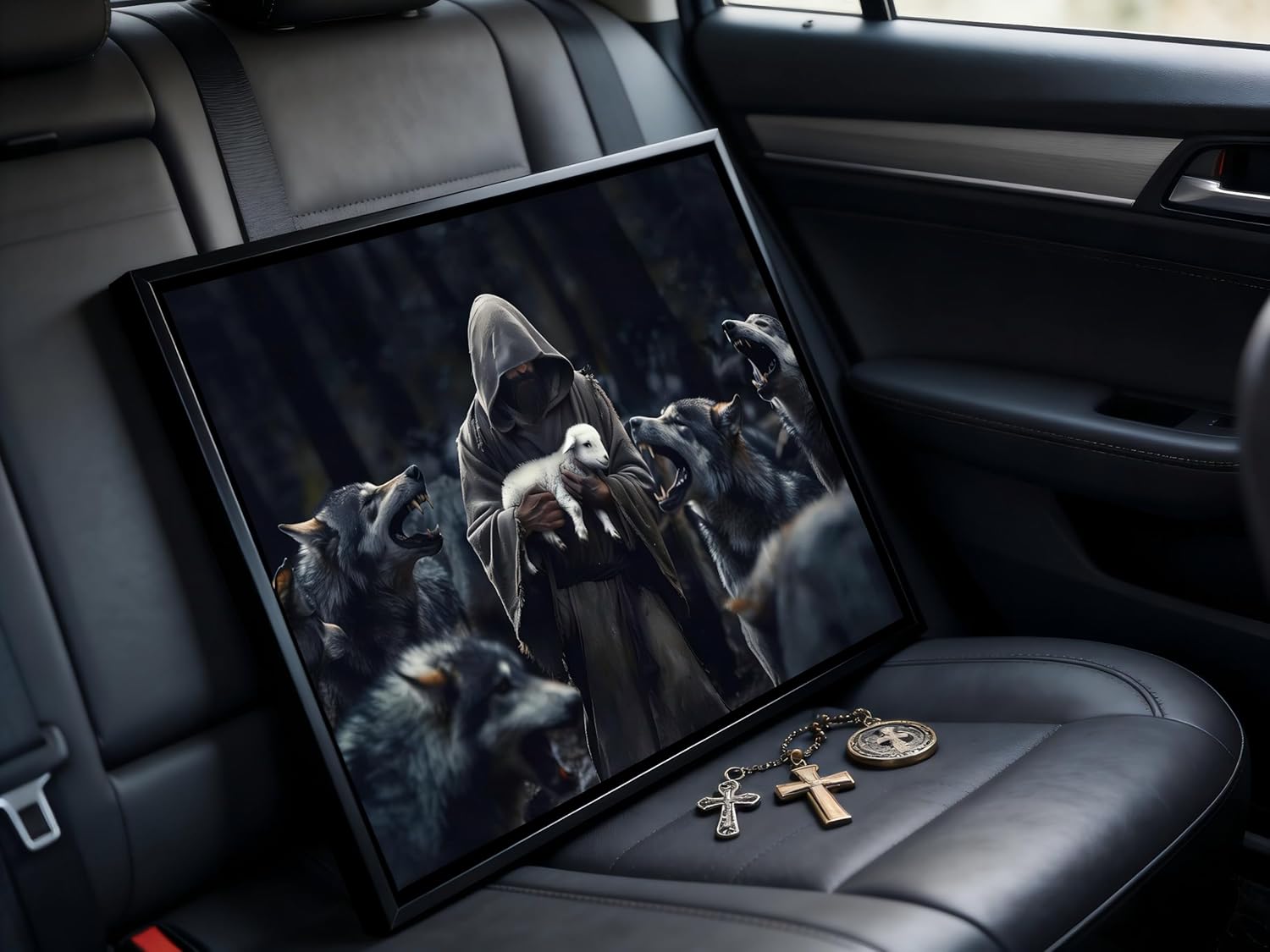 Jesus Protecting Lamb From Wolves Wall Art Jesus Saves the Lost Lamb Picture Wall Decor Christian Gift Poster Canvas Print Living Room Office Bedroom Church Decoration Aesthetic Canvas 12"x16"Framed