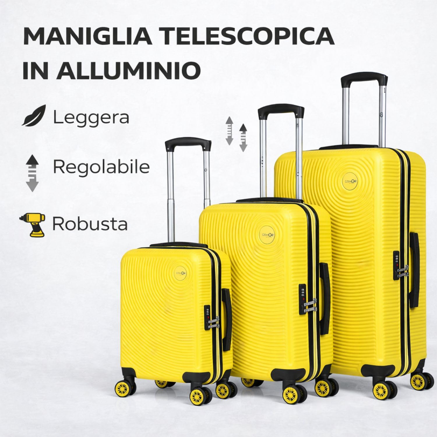 CABIN GO 5513 - Set di 3 valigie - bagaglio a mano da 55 cm, valigia media da 65 cm, valigia grande da 76 cm, in ABS rigido.