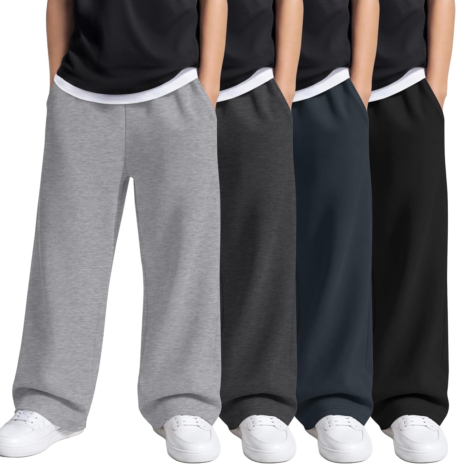 4 Pack Boys Wide Leg Sweatpants Teen Baggy Joggers Pants with Pockets for Youth 7-16 Years