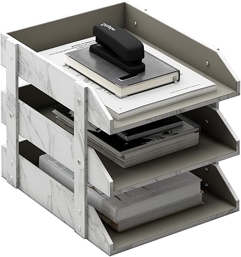 Thipoten - Organizador de escritorio de cuero, 3 niveles apilable para suministros de oficina, papel, archivo, revista, organización de oficina