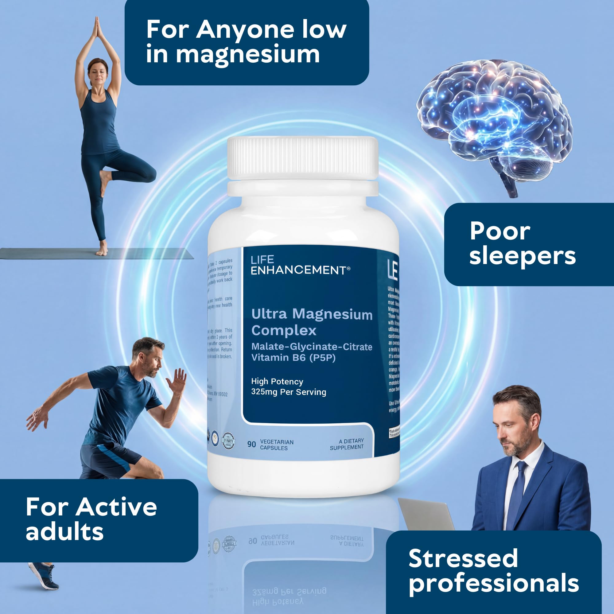 Life Enhancement Ultra Triple Magnesium Complex - 325 mg - with B6, Glycinate, Malate & Citrate - Magnesium Supplement Enhance Sleep and Brain Function - Made in USA (90 Vegetarian Capsules) — Amazon image 6