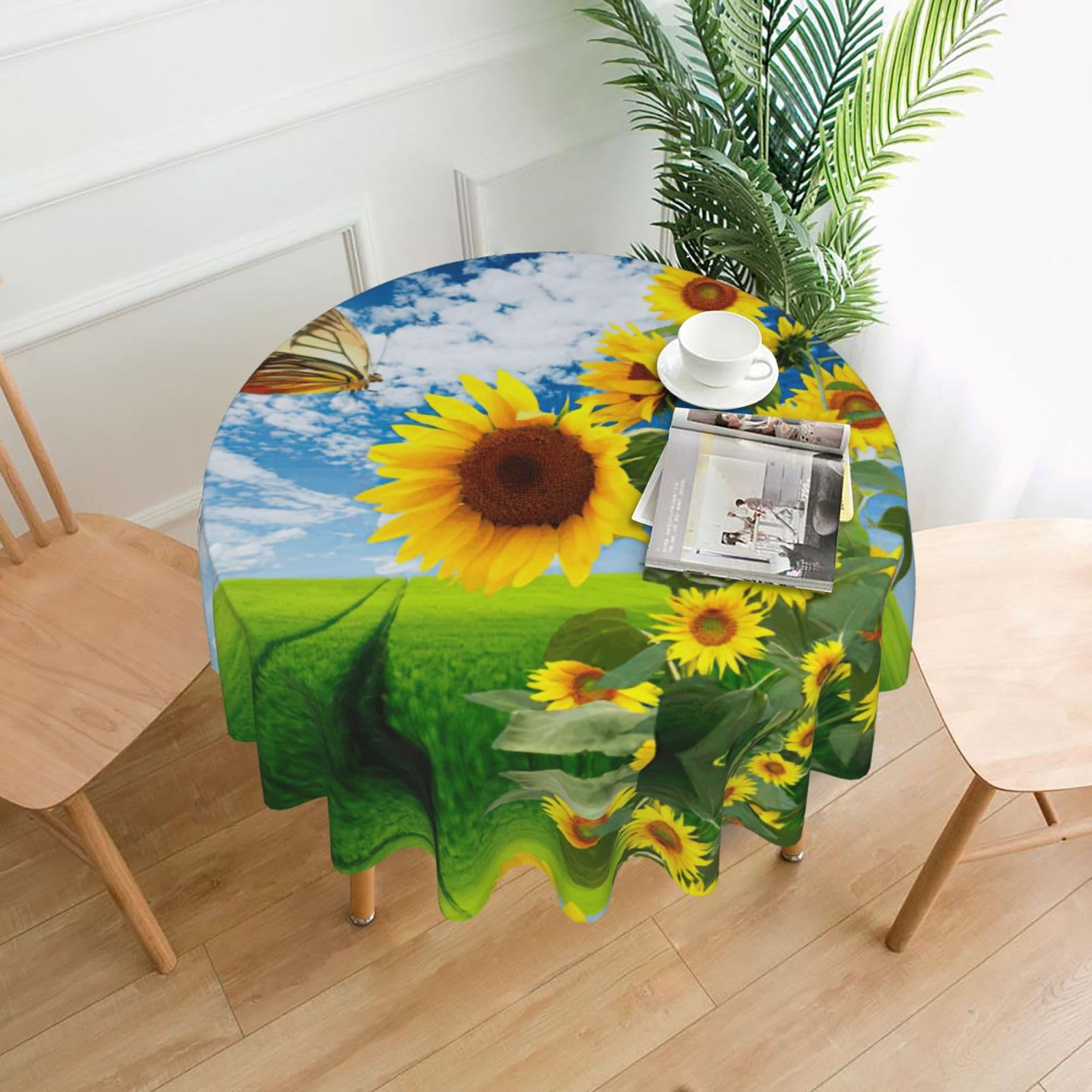 Zcmkjlg Sunflower Butterfly Print Quick Ship Round Tablecloth 60in Polyester Washable Cover for Dining Room