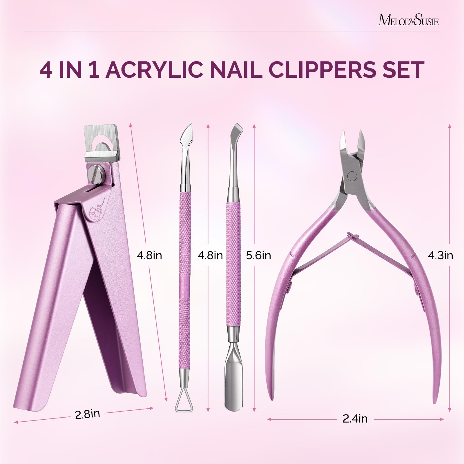Cortaúñas acrílicas 4 en 1, cortaúñas ajustables de acero inoxidable para puntas de uñas acrílicas, cortador profesional de cutículas, removedor de cutículas, empujador de cutículas, rosa 7
