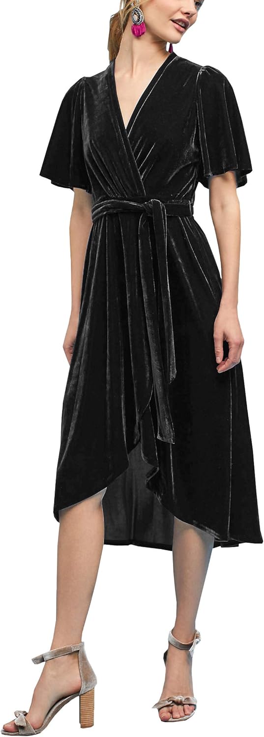 R.Vivimos Womens Velvet Pleated Wrap Tie Waist Elegant Flowy Party Plus Size Midi Dresses - Image 3