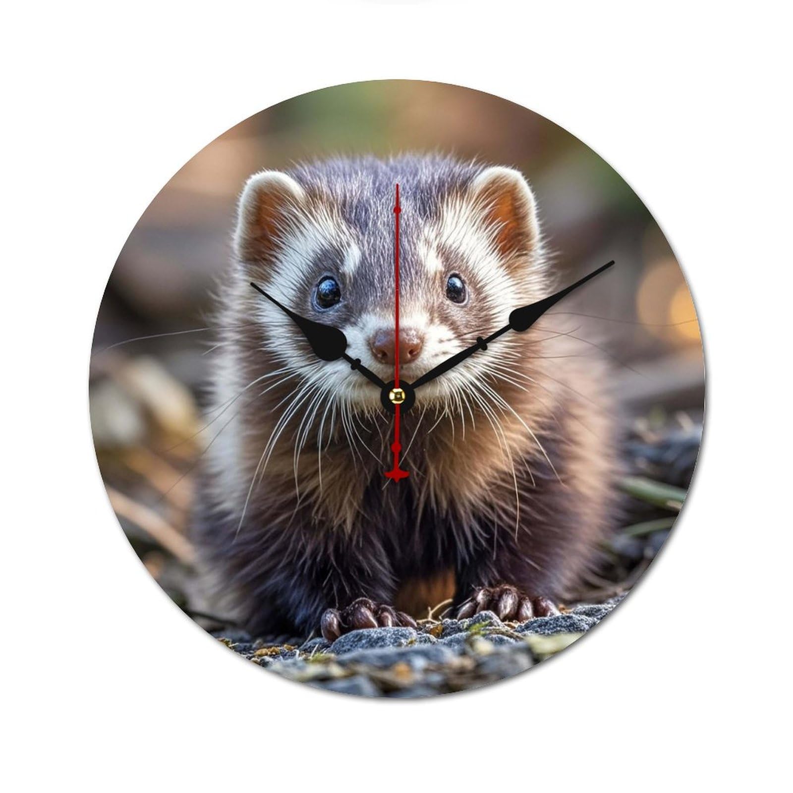 Horloge murale silencieuse furet poilu en bois noir 60cm sans tic-tac