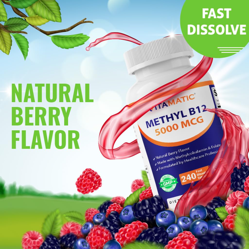 Vitamatic Methyl B12 5000 mcg with Folic Acid – Natural Berry Flavor – 240 Fast Dissolve Tablets – Methylcobalamin Vitamin B12 for Energy & Nervous System Support – Vegan & Non-GMO Supplement — Amazon image 6