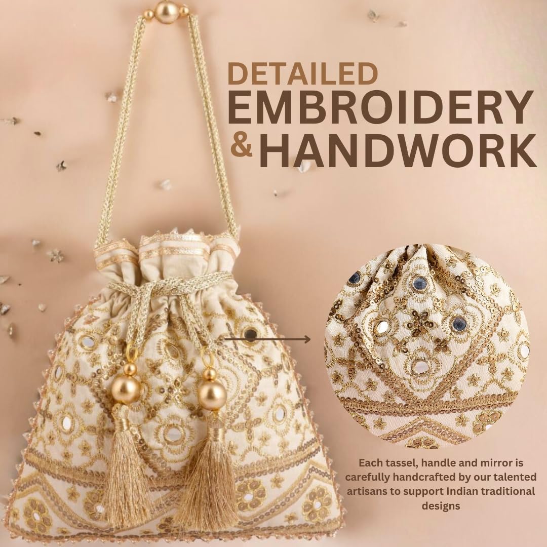 MASQ by Q-One Embroidered Silk Potli Bags - Handcrafted for Weddings, Festive Season & Special Occasions with Beads and Sequins - Proudly Made in India 2