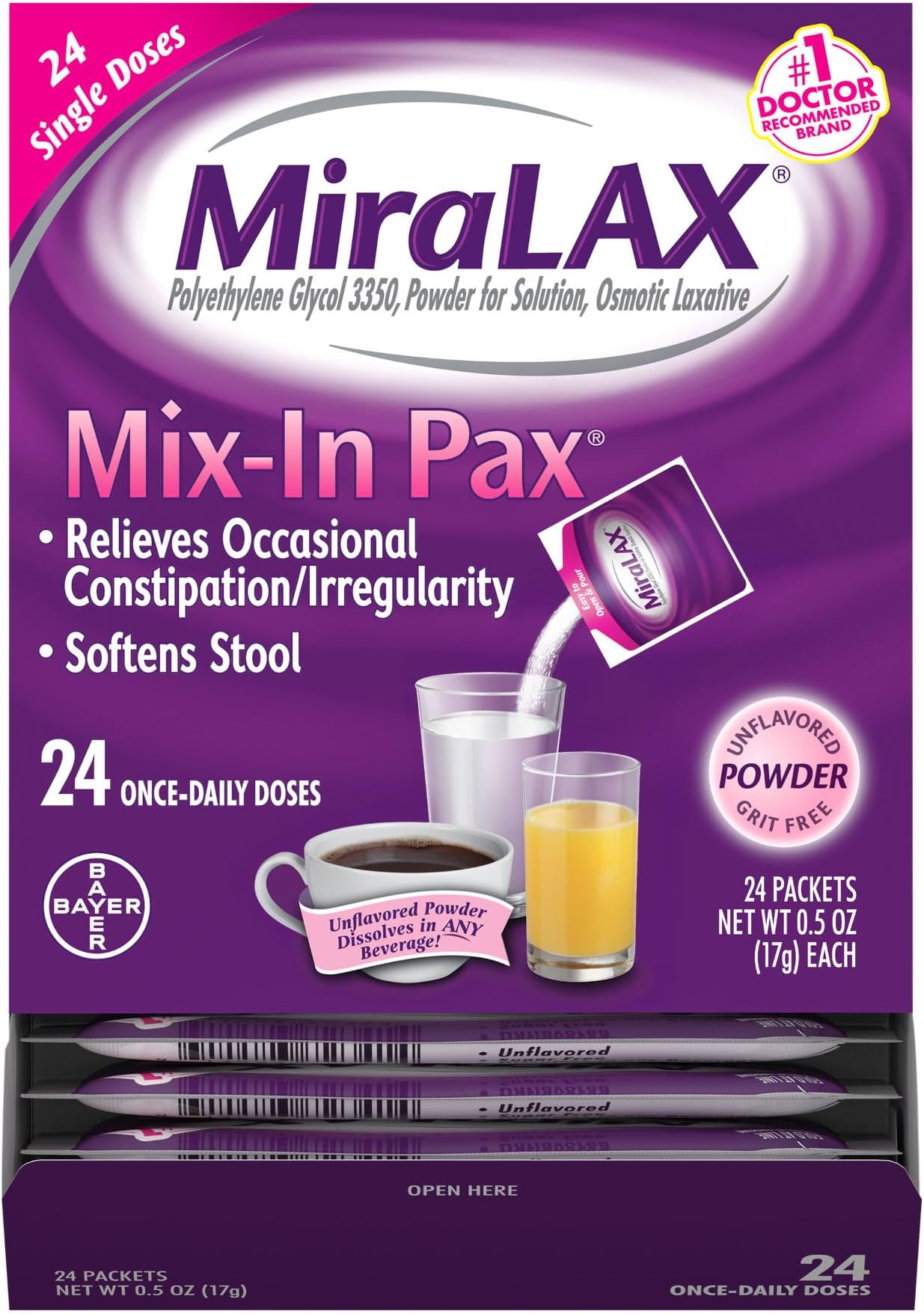 Gentle Constipation Relief Laxative Powder, Stool Softener with PEG 3350, No Harsh Side Effects, 1 Doctor & OBGYN Recommended, Single Dose Mix-in Pax, Travel Pack, 24 Dose