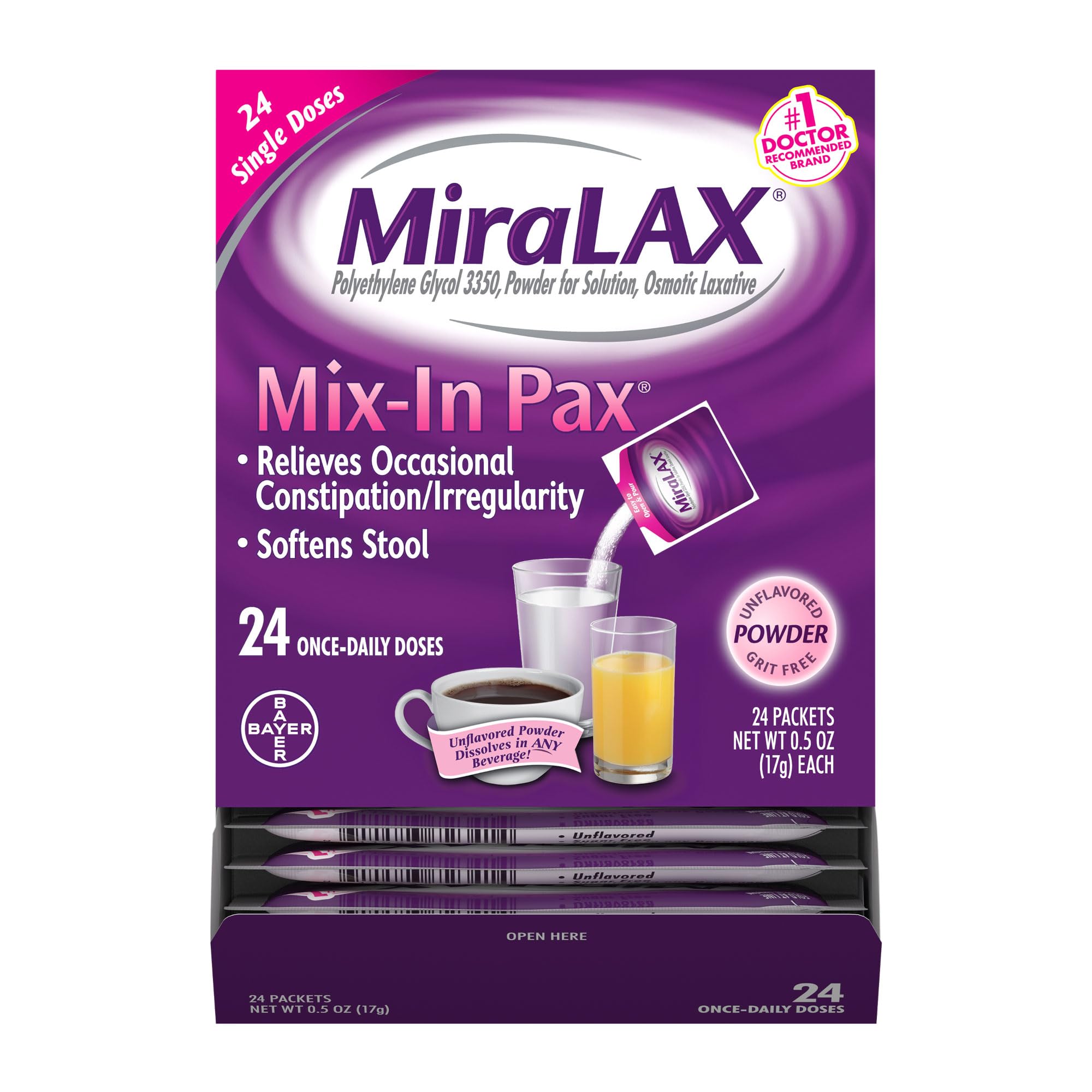MiraLAX Gentle Constipation Relief Laxative Powder, Stool Softener with PEG 3350, No Harsh Side Effects, 1 Doctor & OBGYN Recommended, Single Dose Mix-in Pax, Travel Pack, 24 Dose