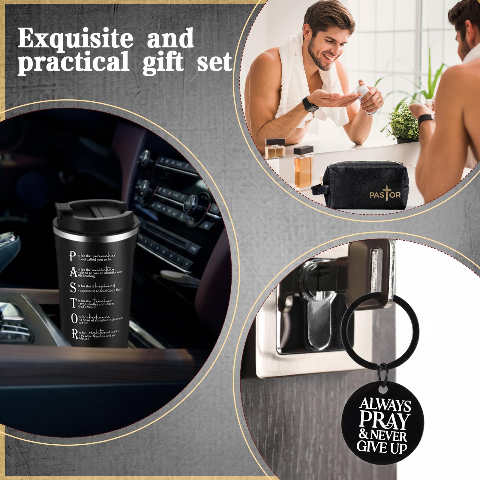 Roshtia 3 Pcs Pastor Appreciation Gift for Men Christian Ordination Gift Ministers Religious Inspirational 17oz Stainless Steel Tumbler with Lid Leather Toiletry Bag Keychain for Fathers Dad Husband