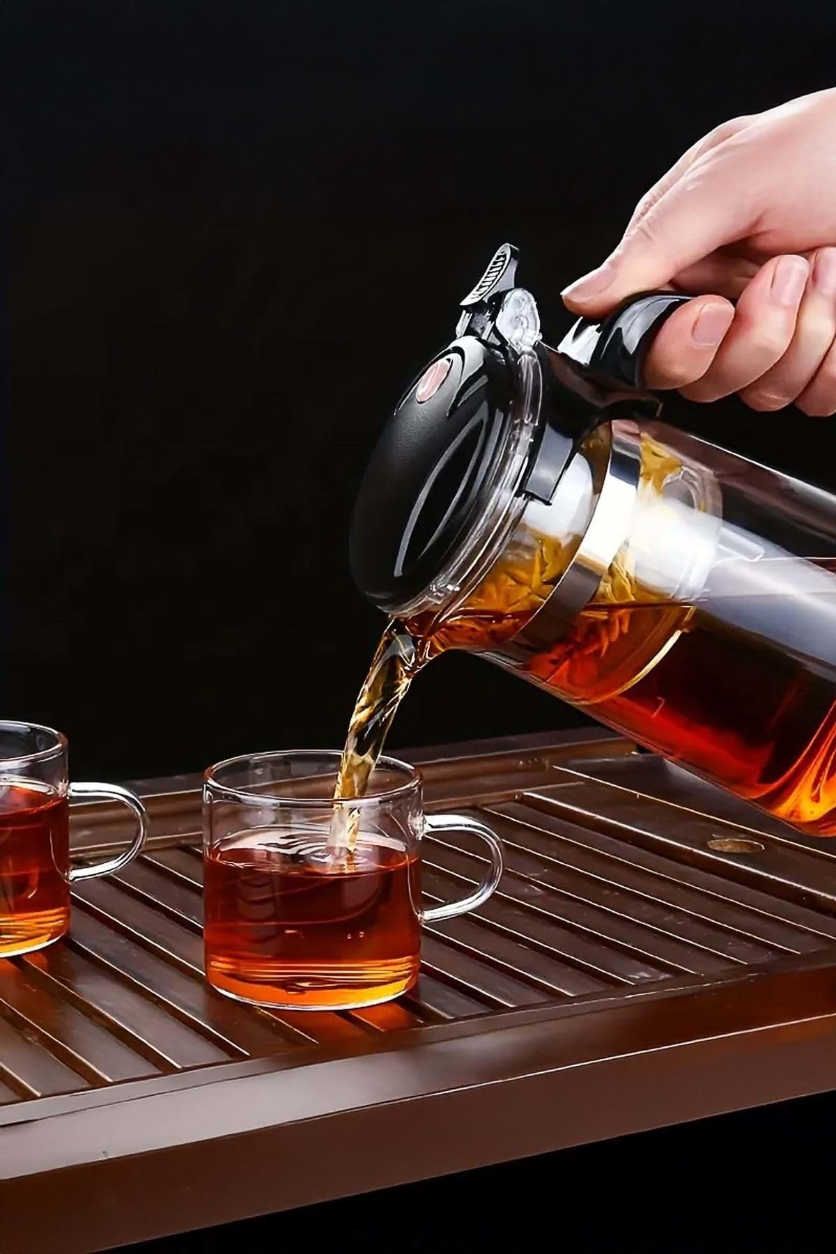 Jenisa Sihirli Borosilikat Cam Demlik 900 ml Isıya Dayanıklı & Tek Tuşla Demleme