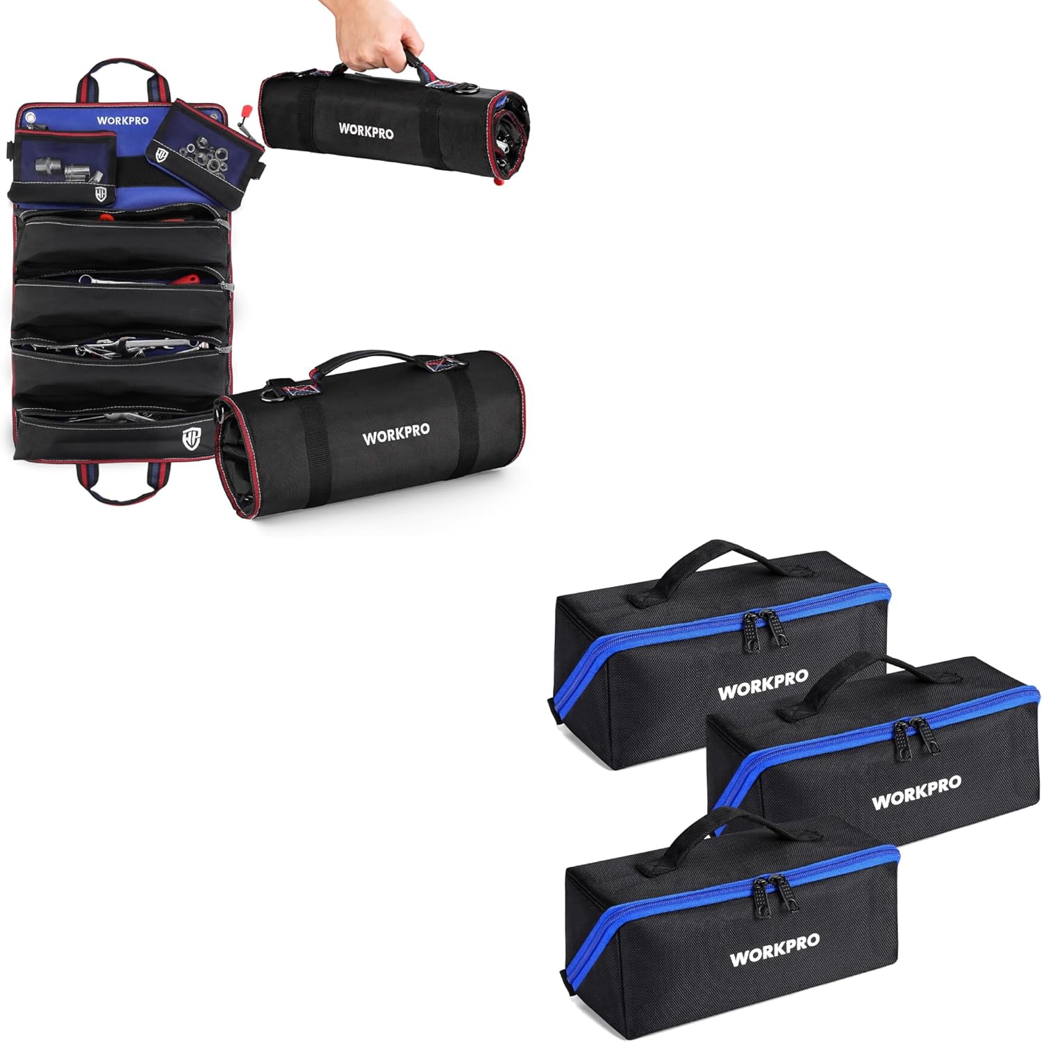 WORKPRO Roll Up Tool Bag, Tool Roll Up Bag with Detachable Tool Pouches & Multipurpose Zipper Tool Pouch Tote Bag for Organizer 3-pack