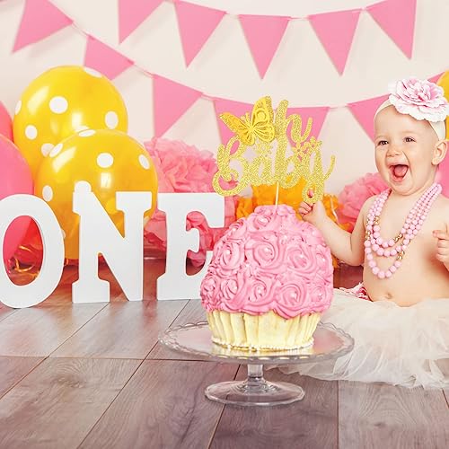 Miniatura 7 de Gyufise 1 pieza de decoración de pastel de mariposa Oh Baby con purpurina dorada para baby shower, decoración de pastel de mariposa para revelación