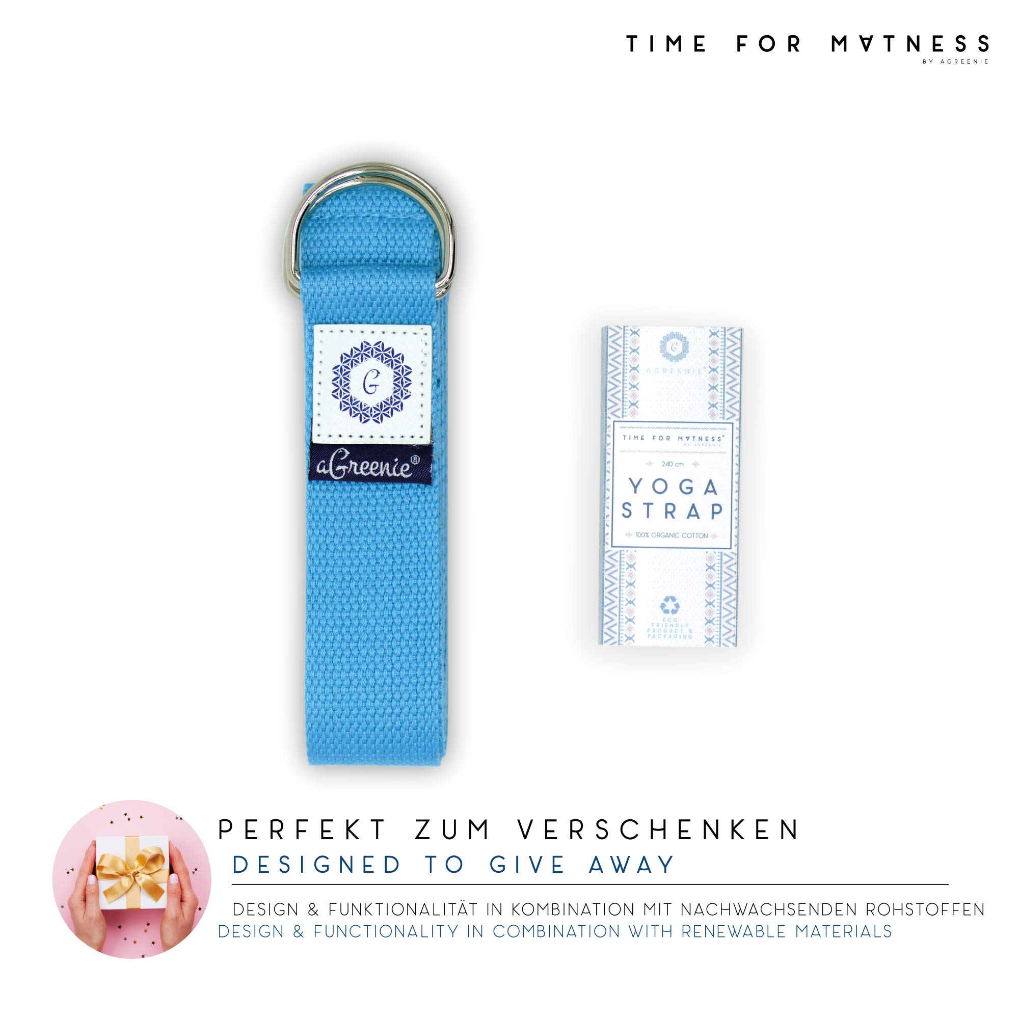 aGreenie Correa de Yoga Premium hecha de 100% algodón - 240 x 3,8cm / Correa de Yoga para un estiramiento más intenso/Correa de Yoga con hebillas ultra estables guía eBook azul