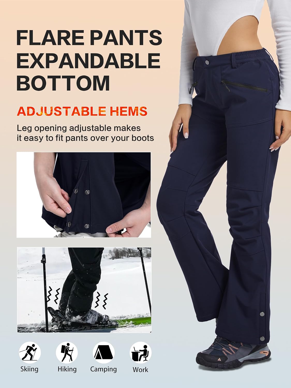 Women's Snow Ski Hiking Pants Waterproof Fleece Lined Softshell Insulated Winter Snowboarding Outdoor Flare Pants - Image 6