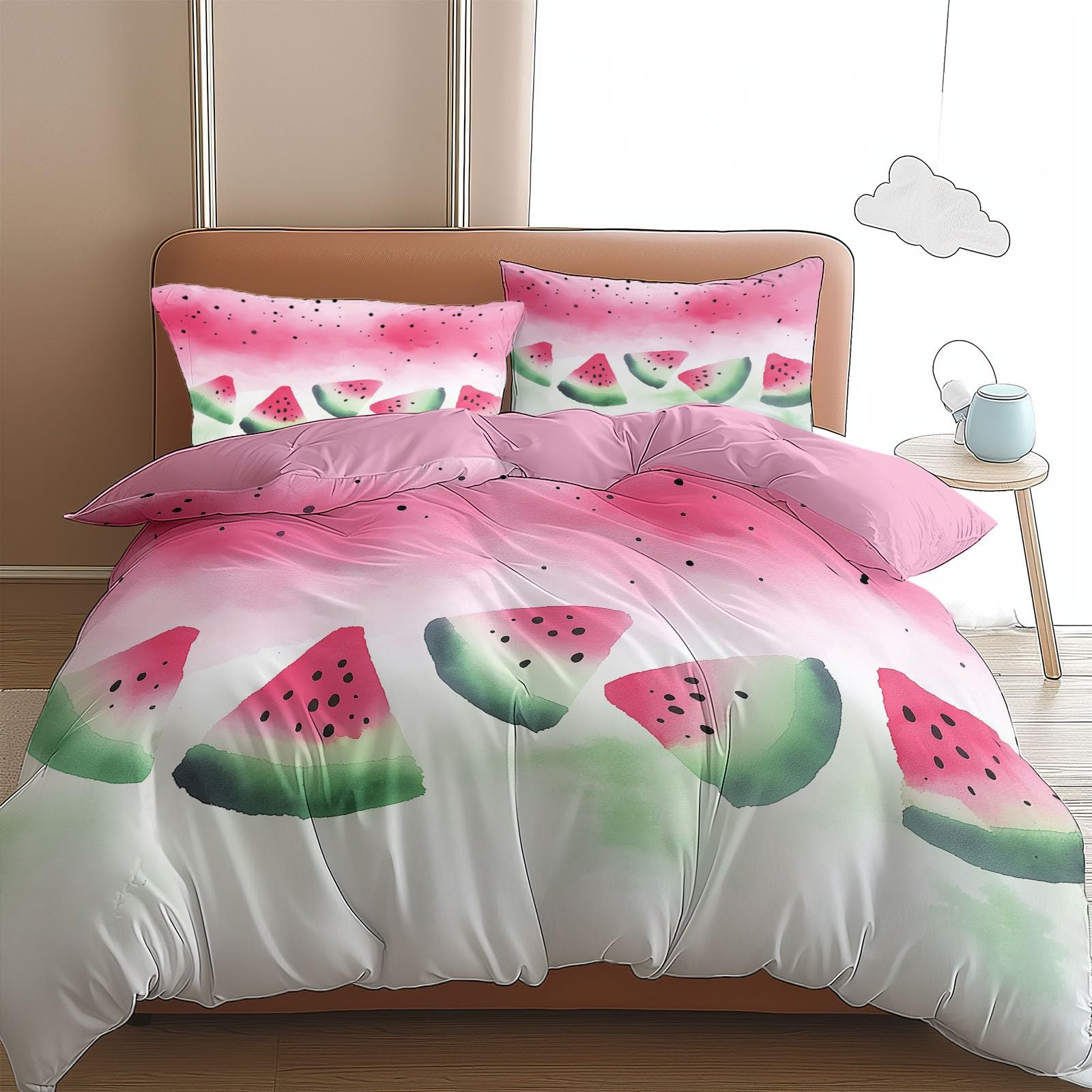 Light Red 3D Duvet Cover Toddler Watermelon 3D Printed Bedding Set 3 Pcs Soft Microfiber Comforter Cover with 2 Pillowcase 40