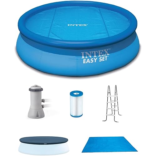 Intex 15ft x 48in Easy Set Above Ground Inflatable Ring Top Swimming Pool with Filter Catridge Pump and Solar Cover