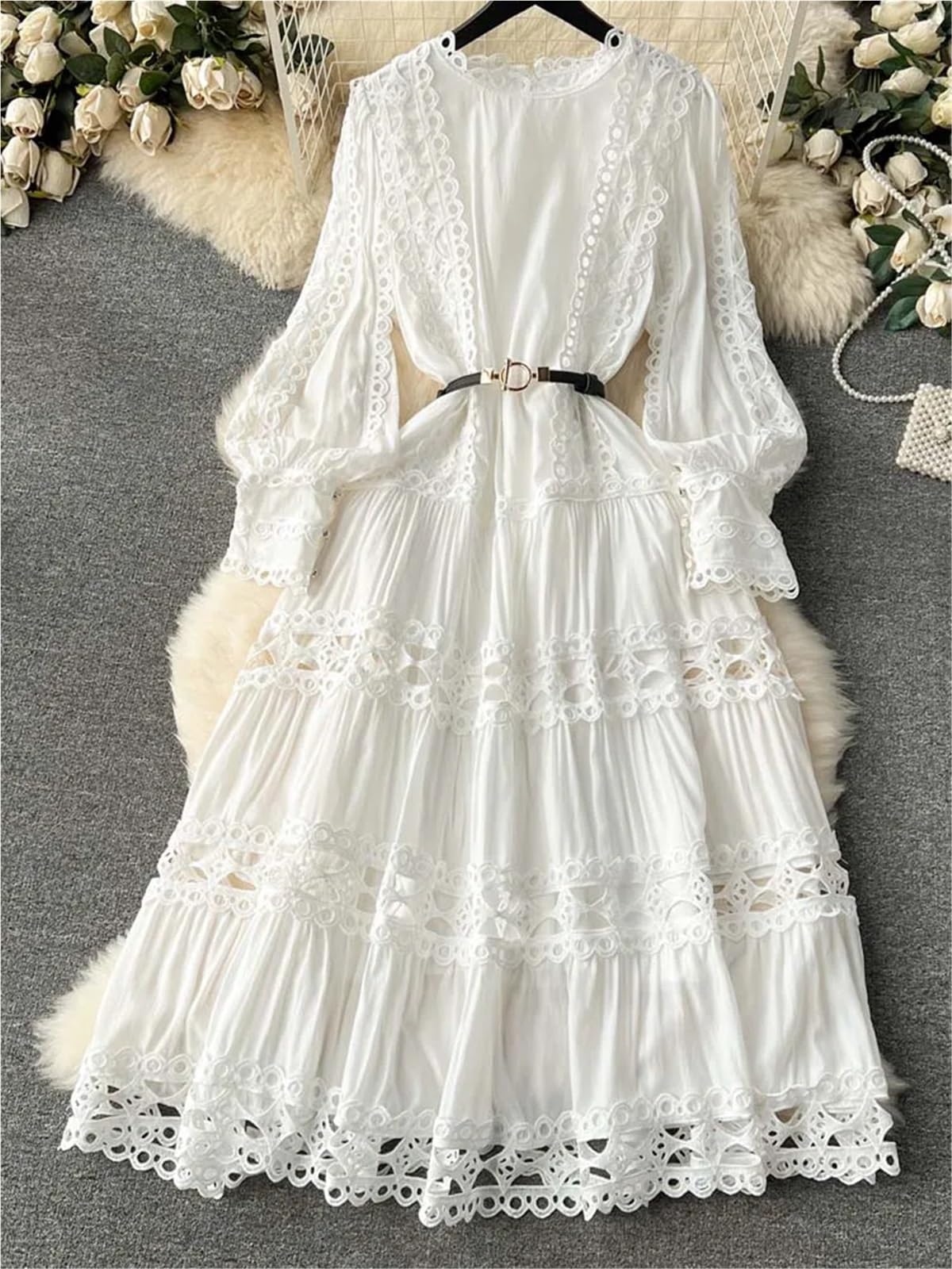 Abito da strega vintage Abito lungo con maniche a sbuffo da donna Abiti svasati patchwork di pizzo cintura Solido