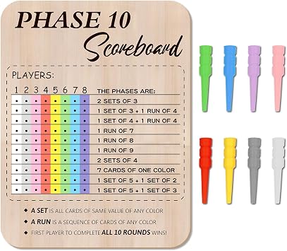 Bnesi Wooden Phase 10 Score Board, Card Game Tracker with 8 Colored Pegs