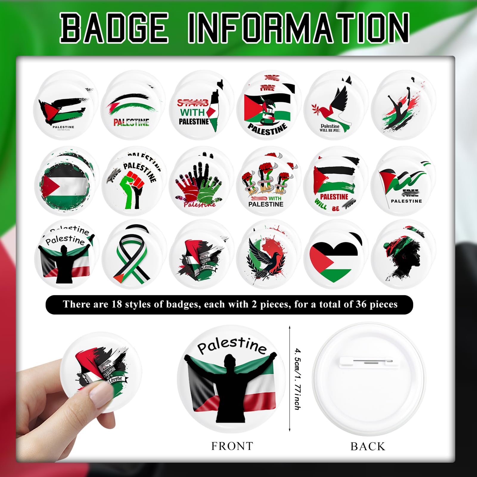 Set 100 Adesivi + 36 Spille Palestina - Sticker E Distintivi Con Bandiera Per Borse, Computer, Abiti